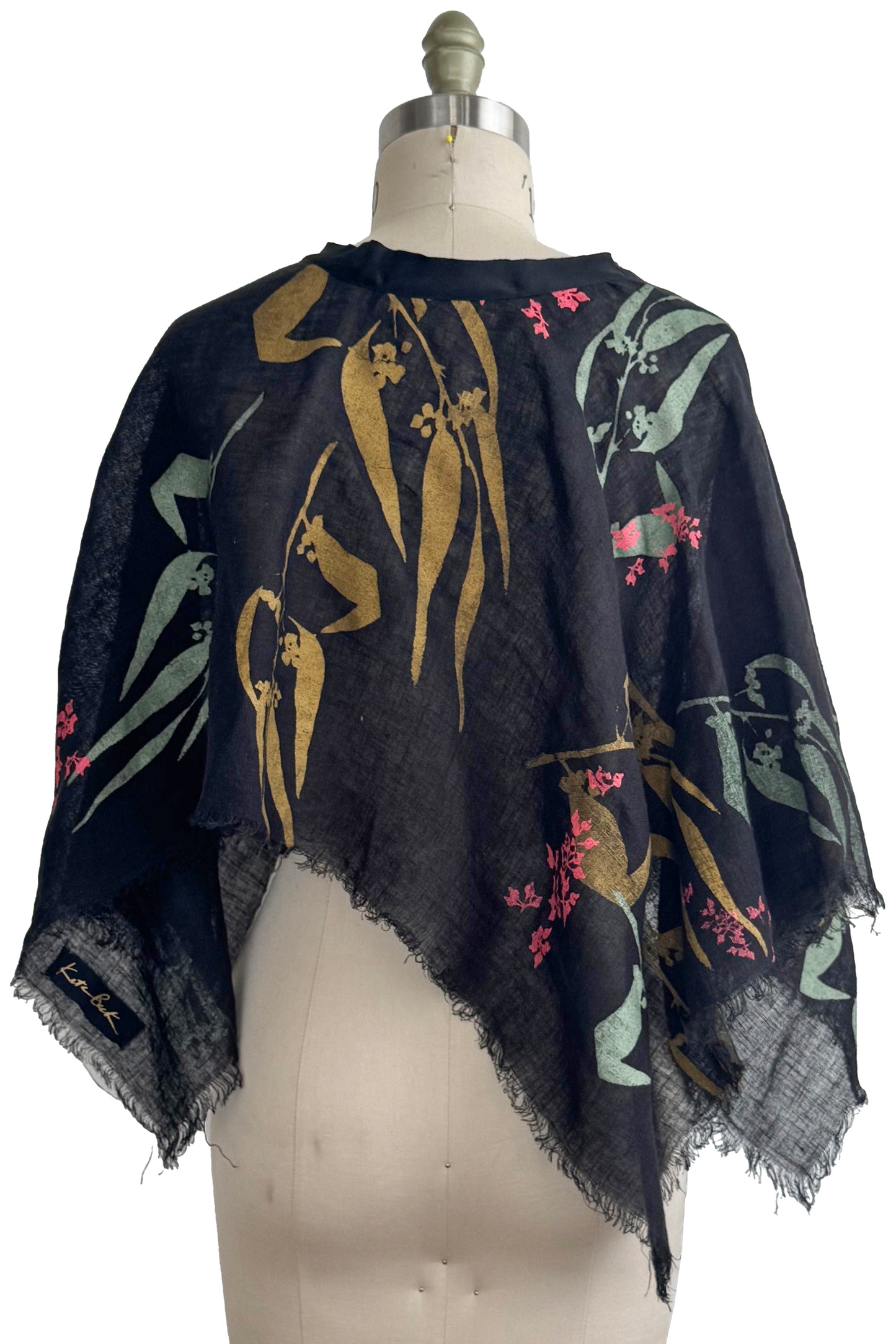 Open Weave Linen Poncho - Botanical Eucalyptus Print - Black