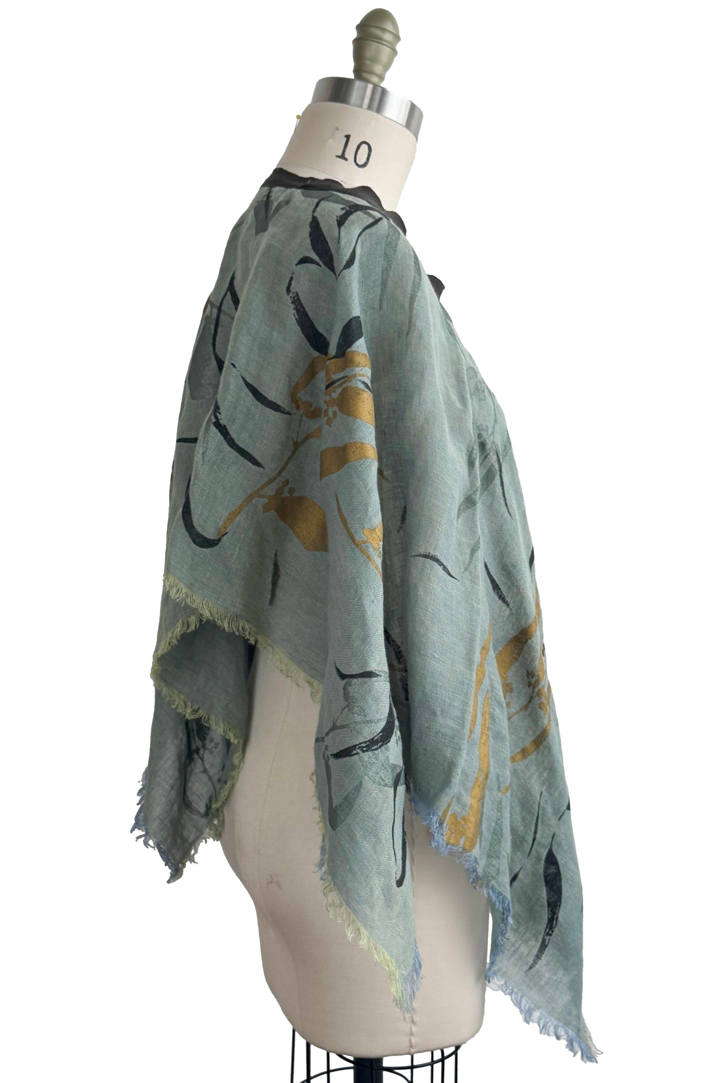 Open Weave Linen Poncho - Botanical Eucalyptus Print - Sage