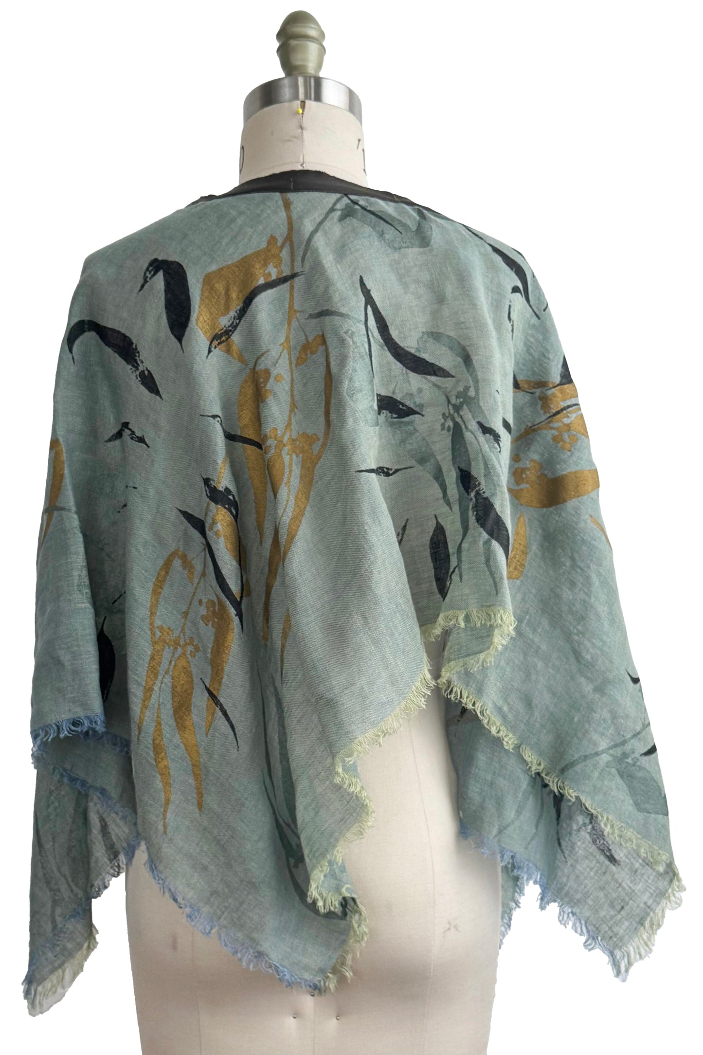 Open Weave Linen Poncho - Botanical Eucalyptus Print - Sage