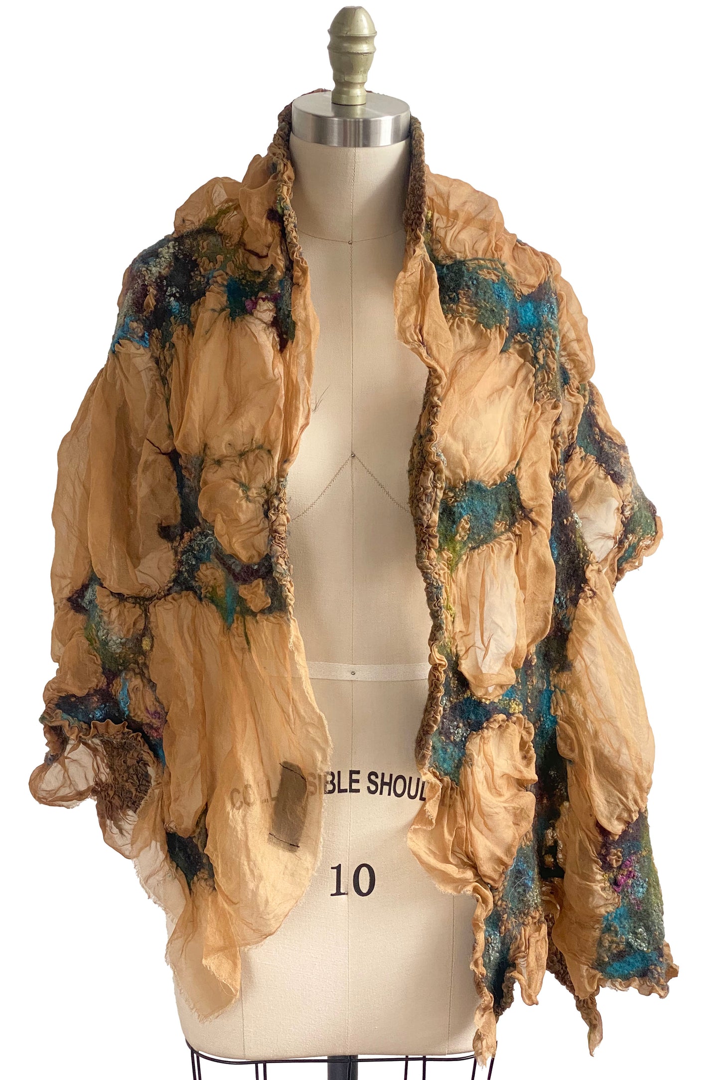 Felted Organza Shawl - Tan, Aqua, Purple & Chartreuse