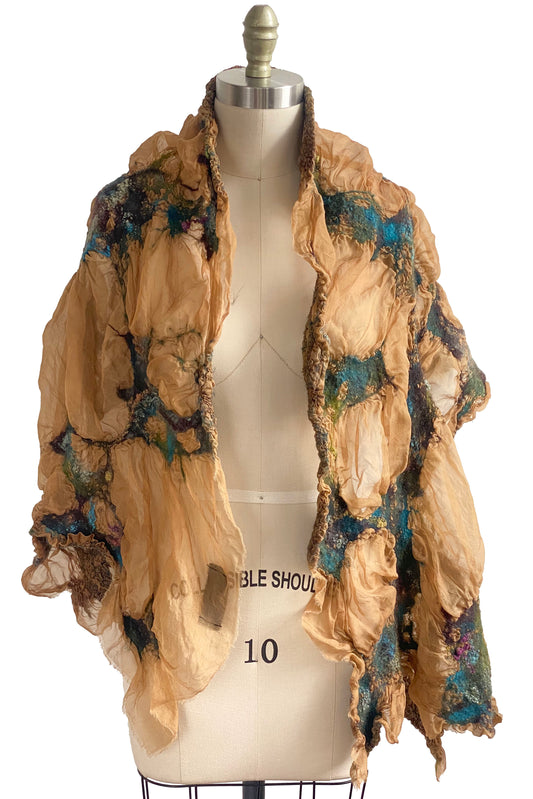 Felted Organza Shawl - Tan, Aqua, Purple & Chartreuse
