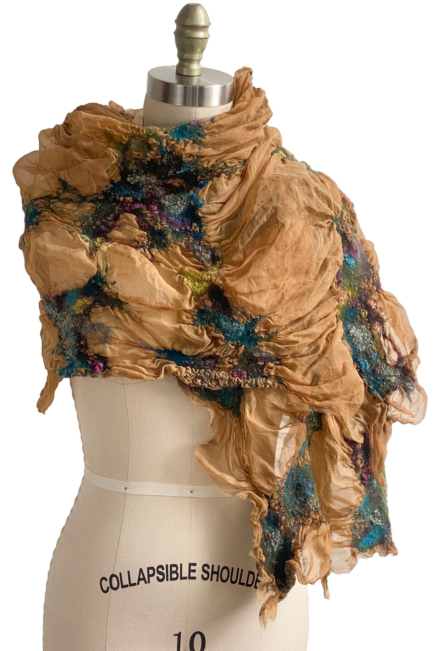 Felted Organza Shawl - Tan, Aqua, Purple & Chartreuse