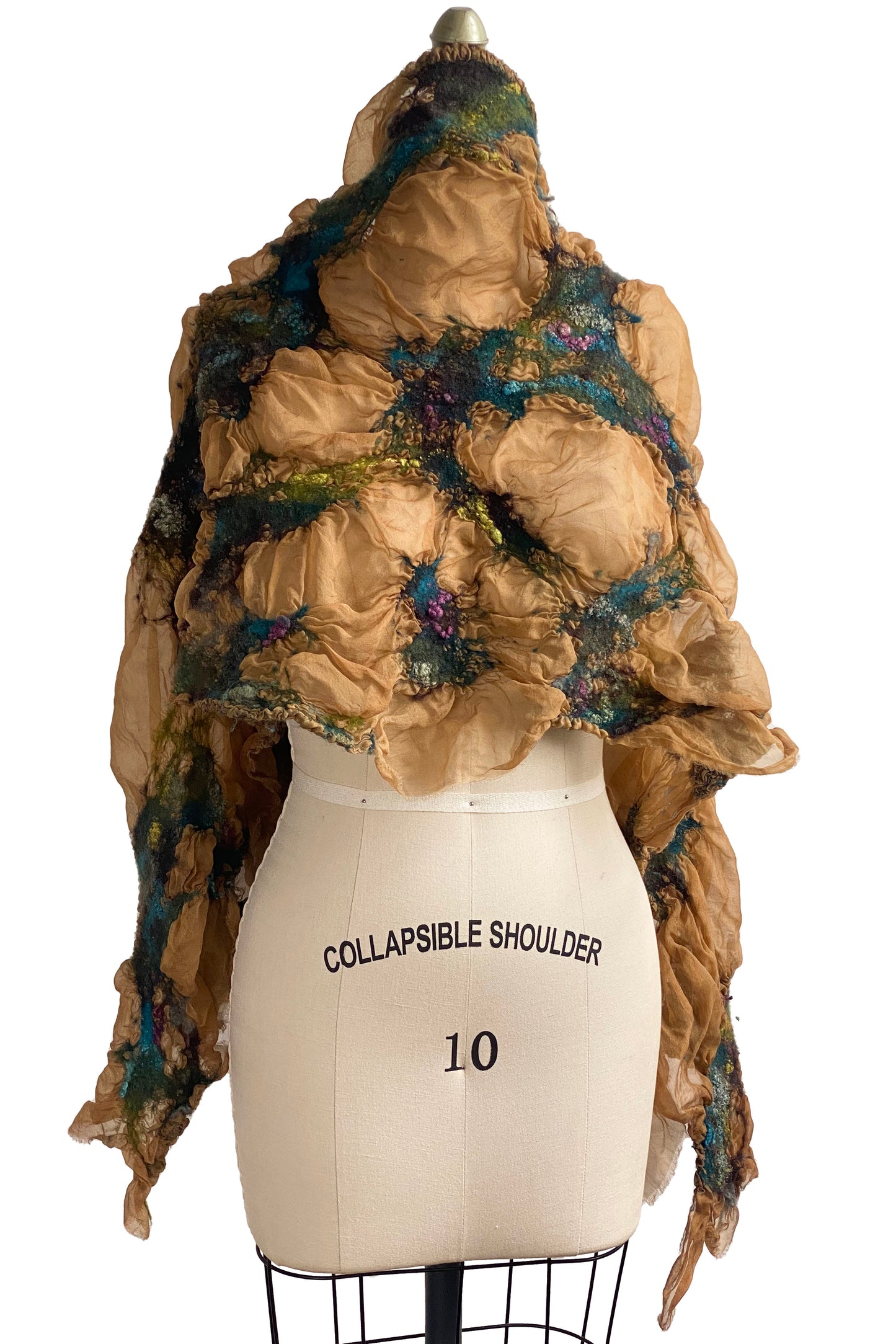 Felted Organza Shawl - Tan, Aqua, Purple & Chartreuse