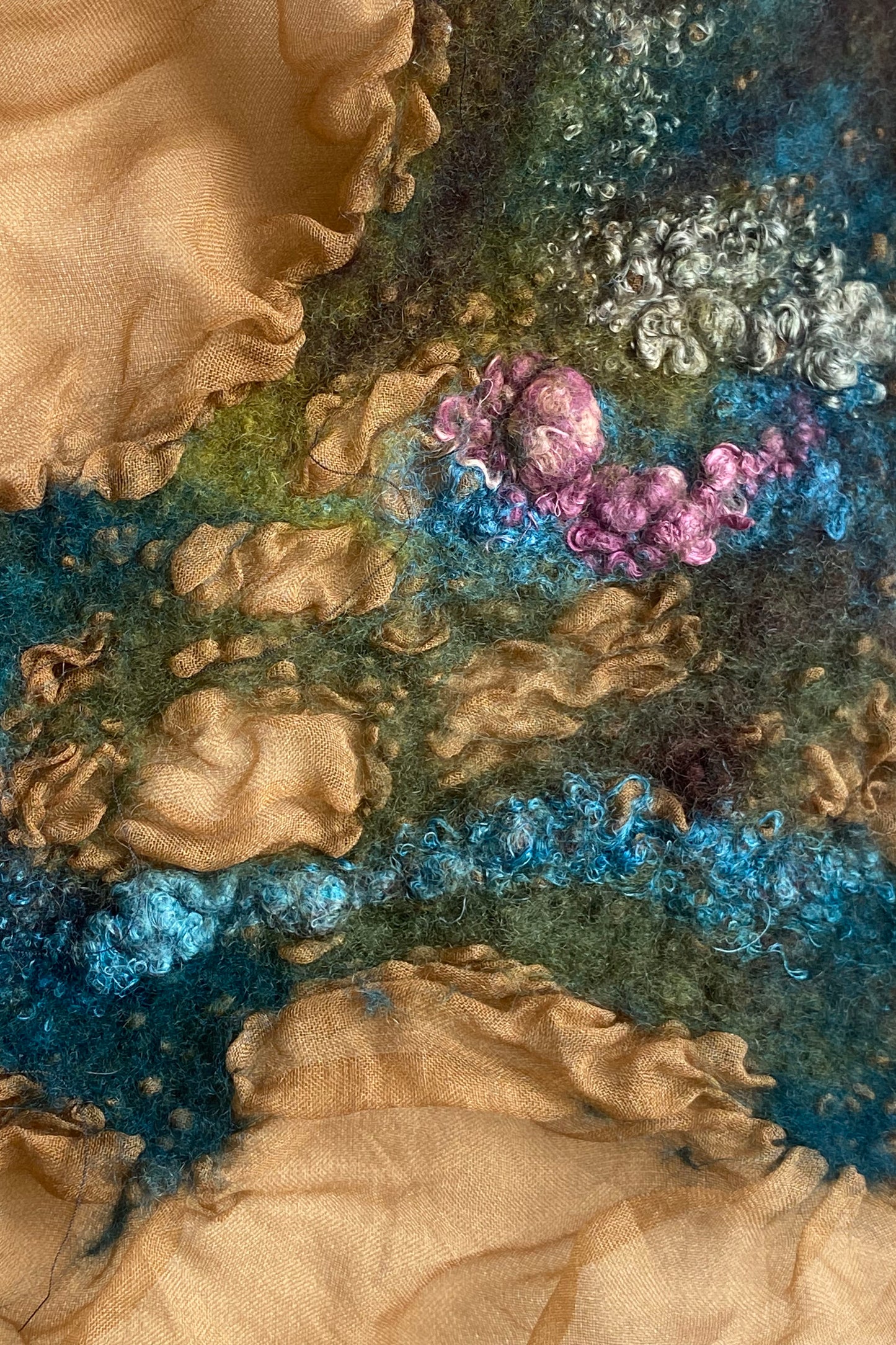Felted Organza Shawl - Tan, Aqua, Purple & Chartreuse