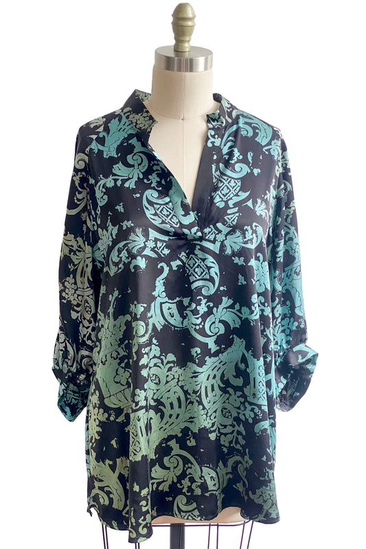 Poet Top in Silk w/ Wallpaper Print - Black & Turquoise - Medium