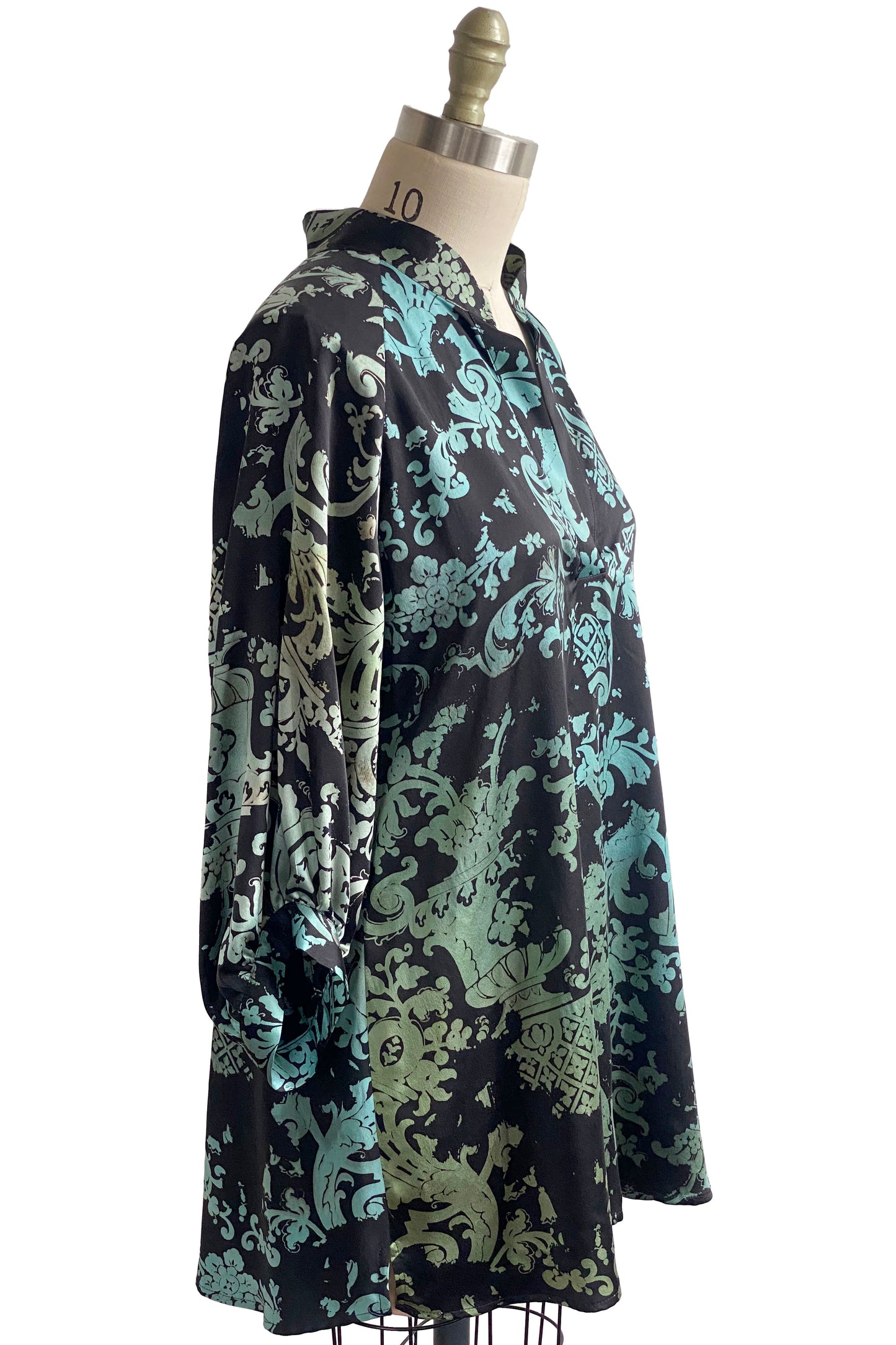 Poet Top in Silk w/ Wallpaper Print - Black & Turquoise - Medium