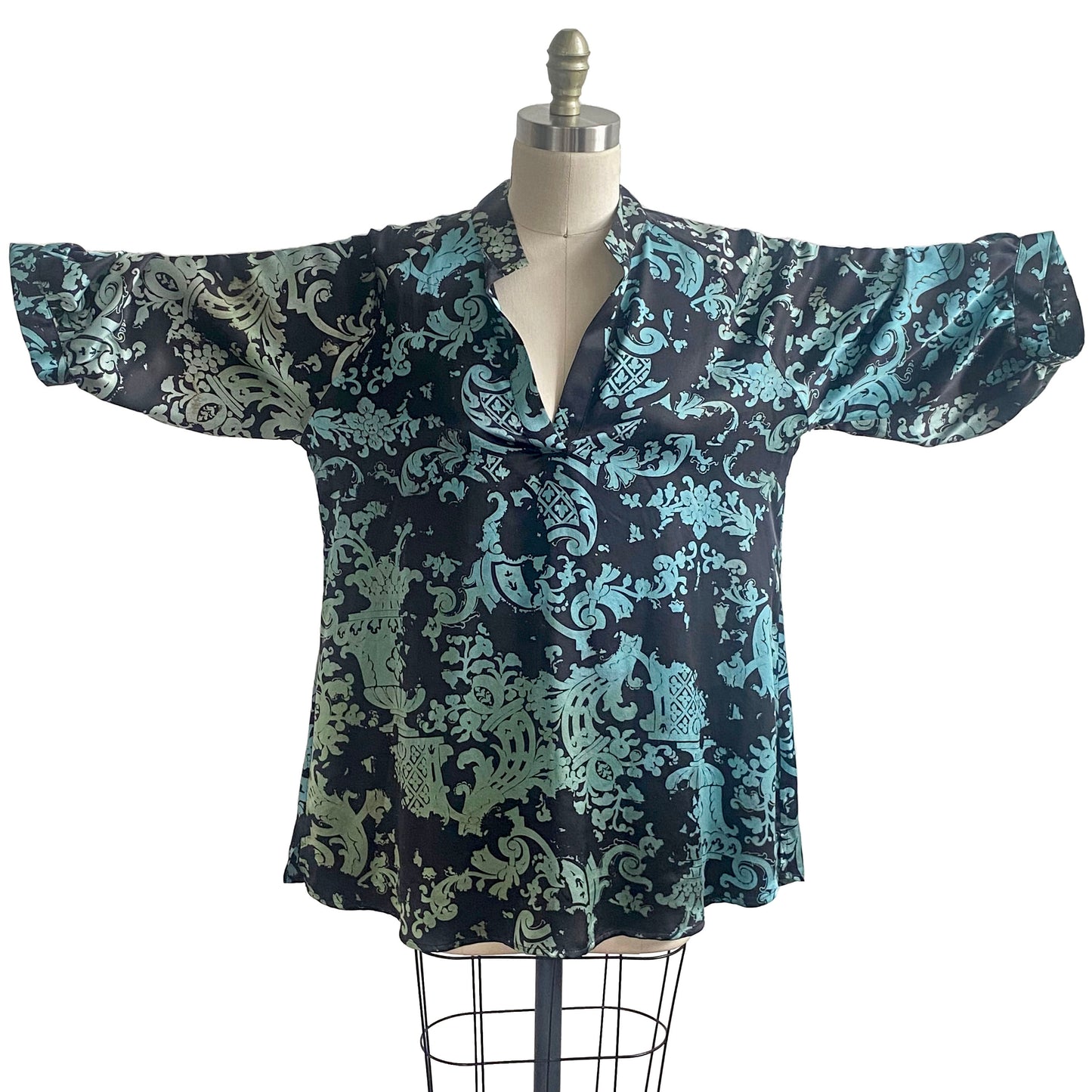 Poet Top in Silk w/ Wallpaper Print - Black & Turquoise - Medium