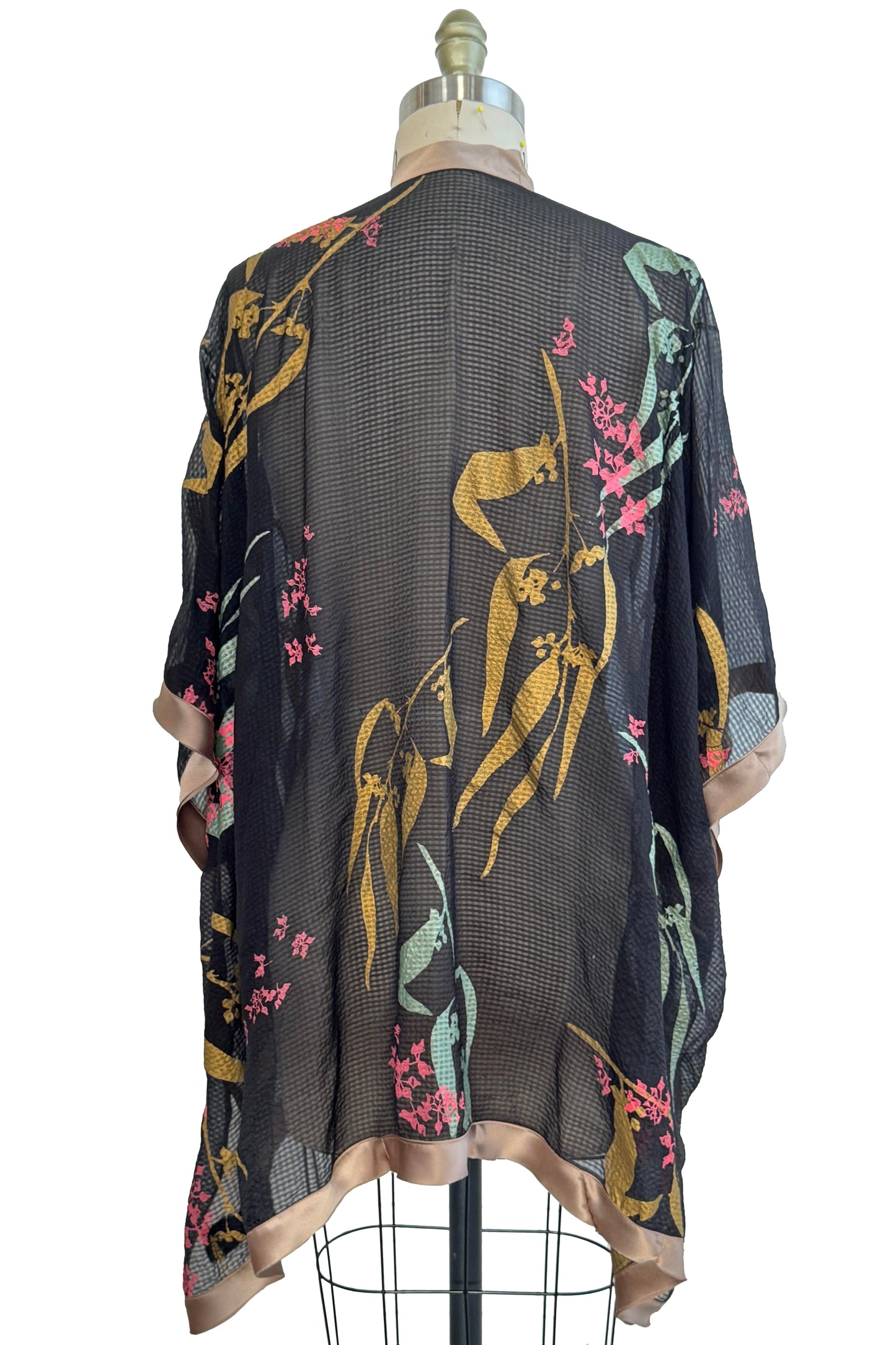 Lucianne Drape Seersucker Silk - Botanical Eucalyptus Print - Black