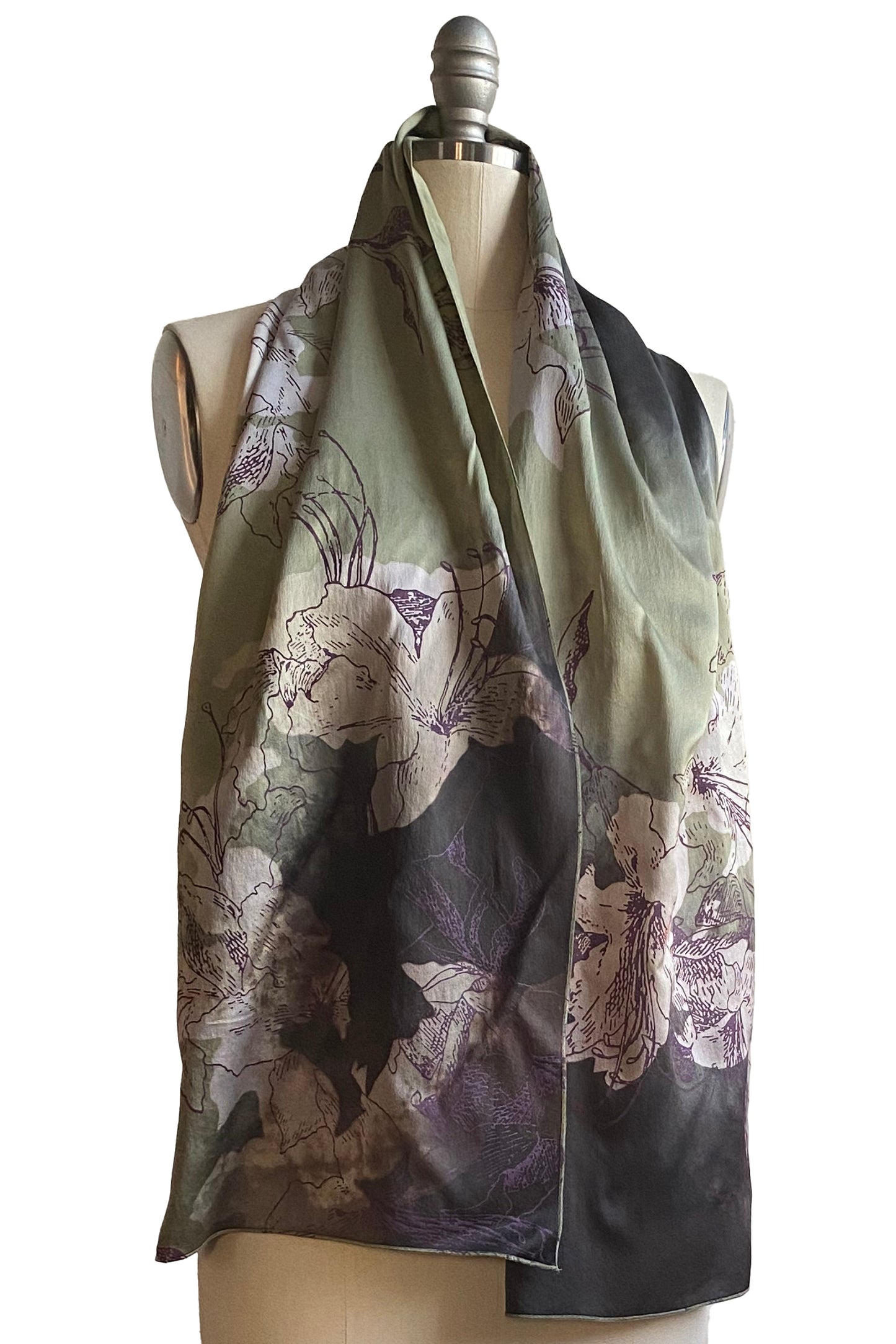 Scarf in Silk Charmeuse w/ Azalea Print - Sage
