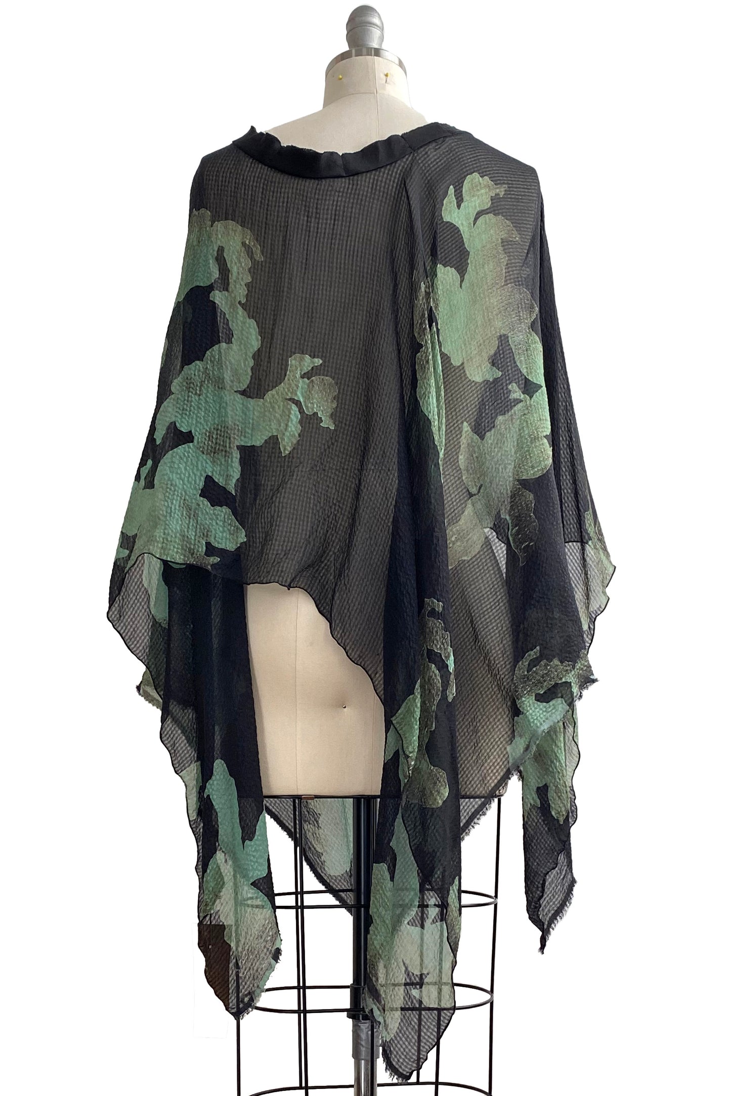 Seersucker Silk Poncho w/ Wallpaper Print - Black & Aqua