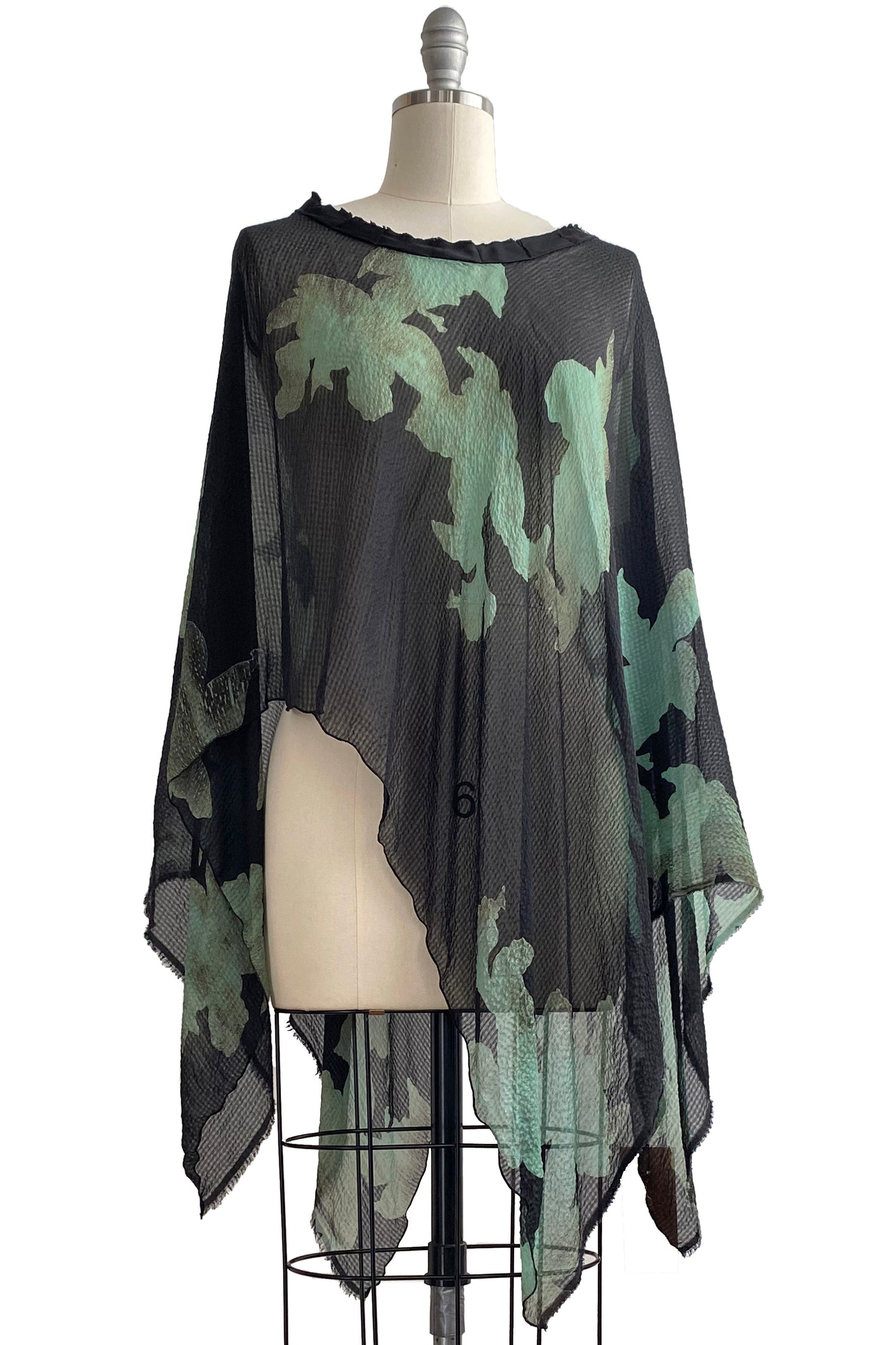 Seersucker Silk Poncho w/ Wallpaper Print - Black & Aqua