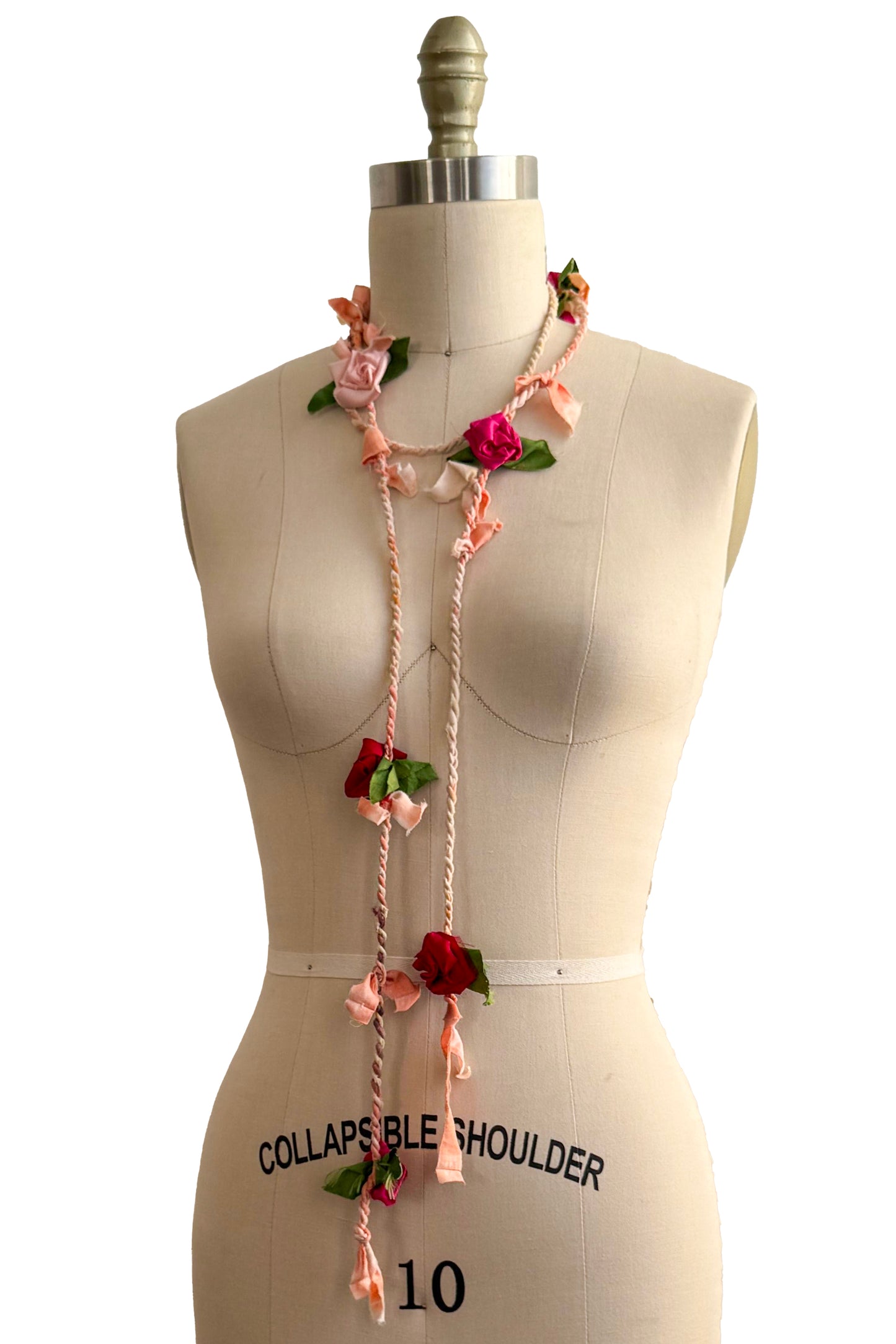 Hand Twisted Silk Rope Lariat with Flowers - Peach, Pink, Red
