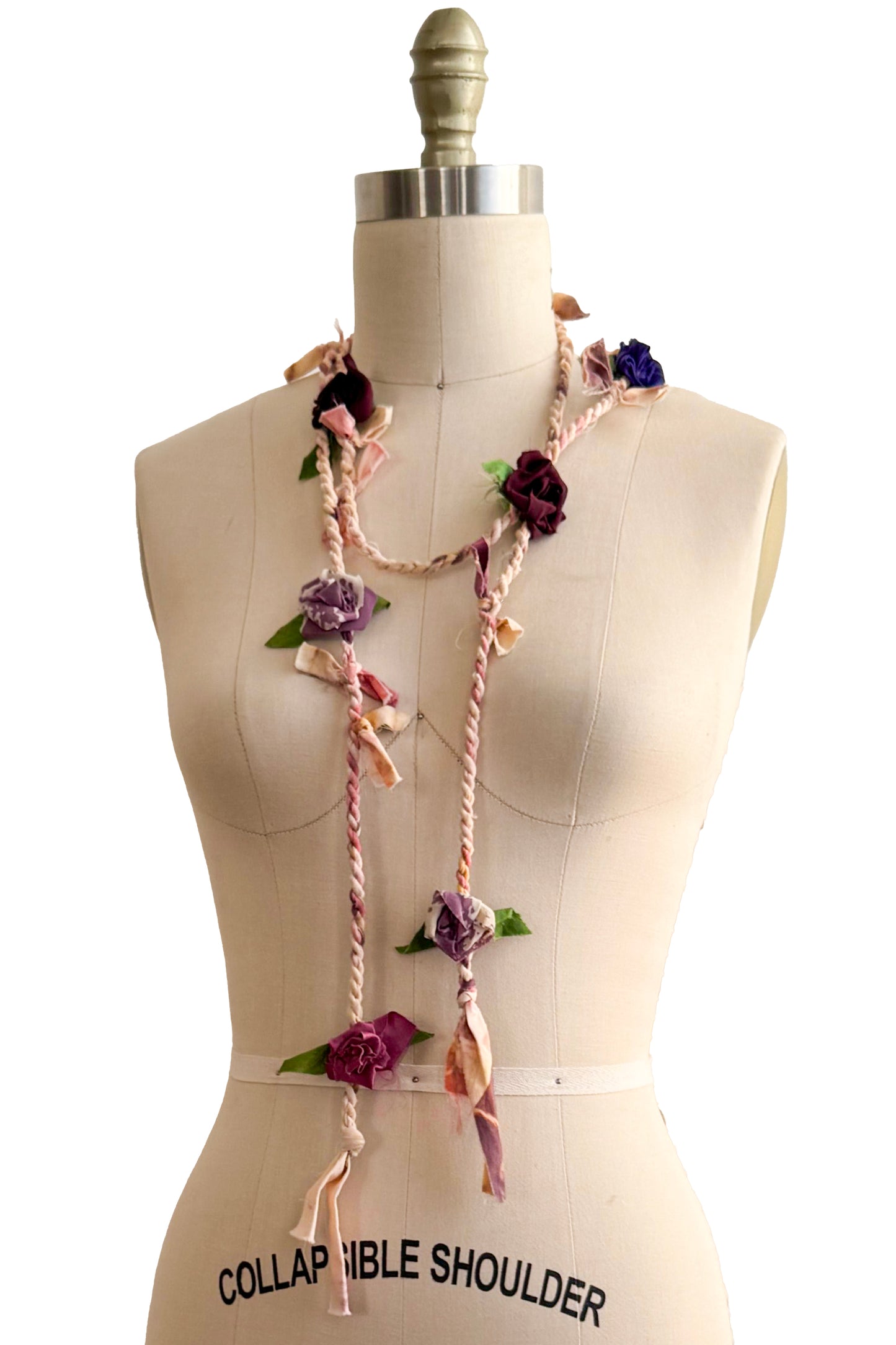 Hand Twisted Silk Rope Lariat with Flowers - Peach, Purple, Maroon