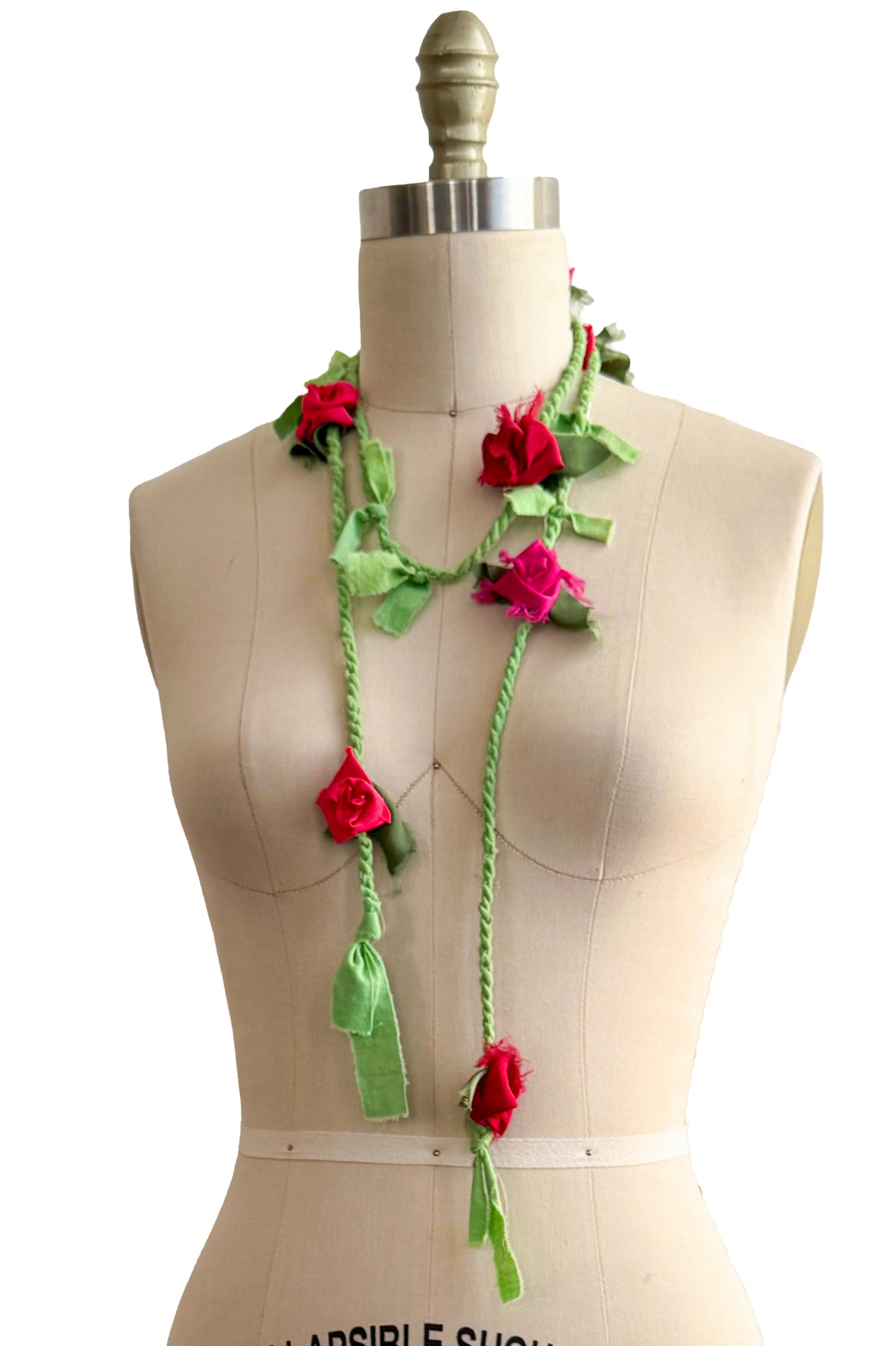 Hand Twisted Green Rope Lariat - Silk Flowers - Pink & Red