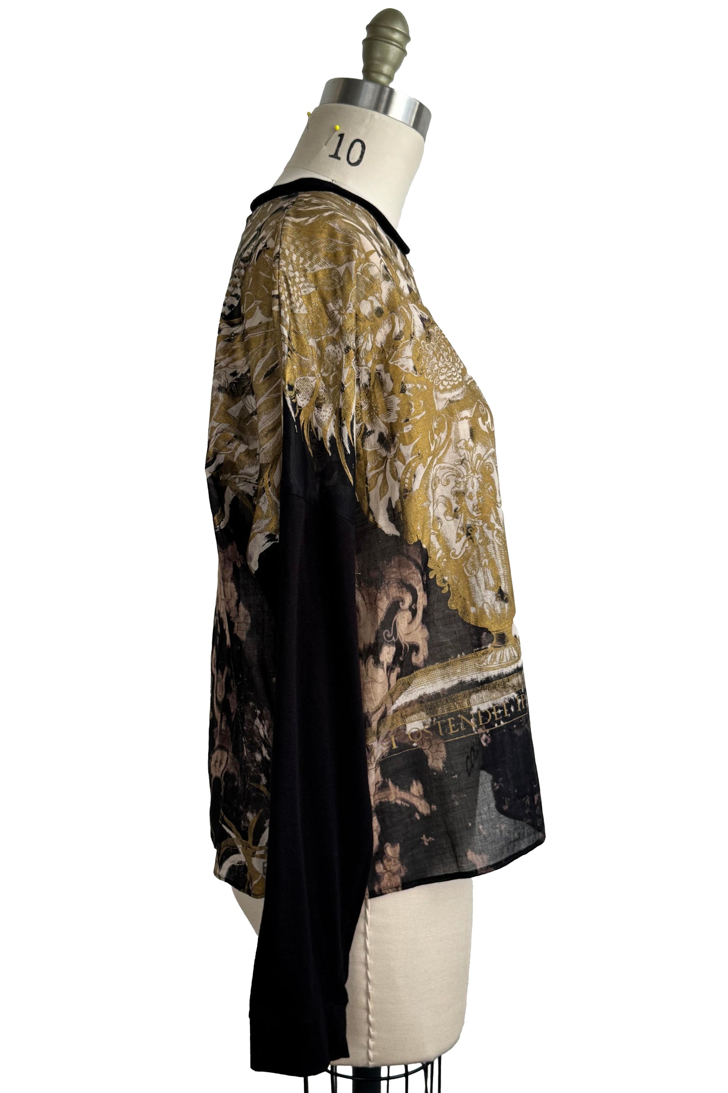 Portia Top | Silk Shantung & Organic Cotton Jersey | Bouquet Print | Black & Gold | Medium
