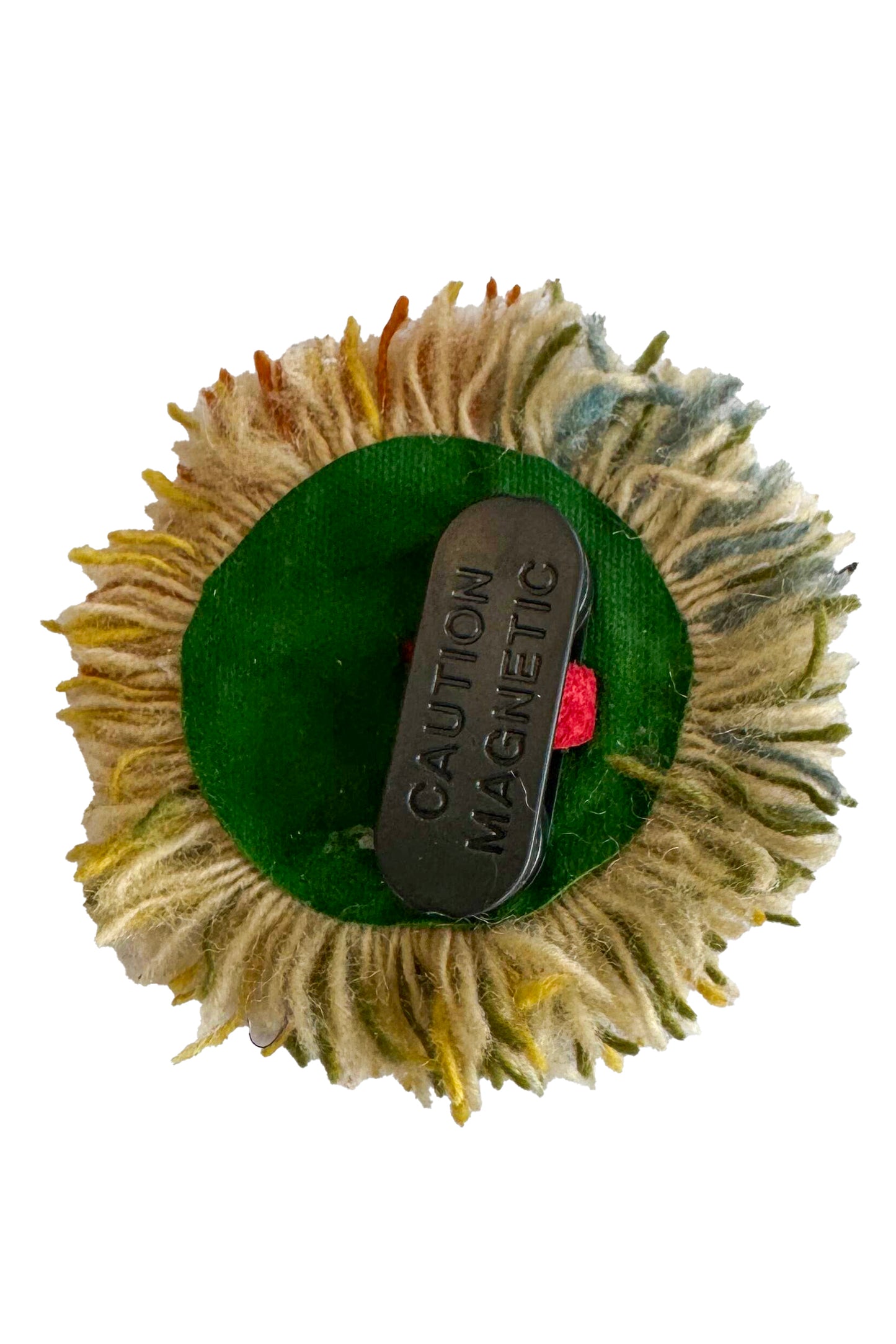 Leather & Wool Flower Magnetic Brooch - Green, Gold & Red Fringe