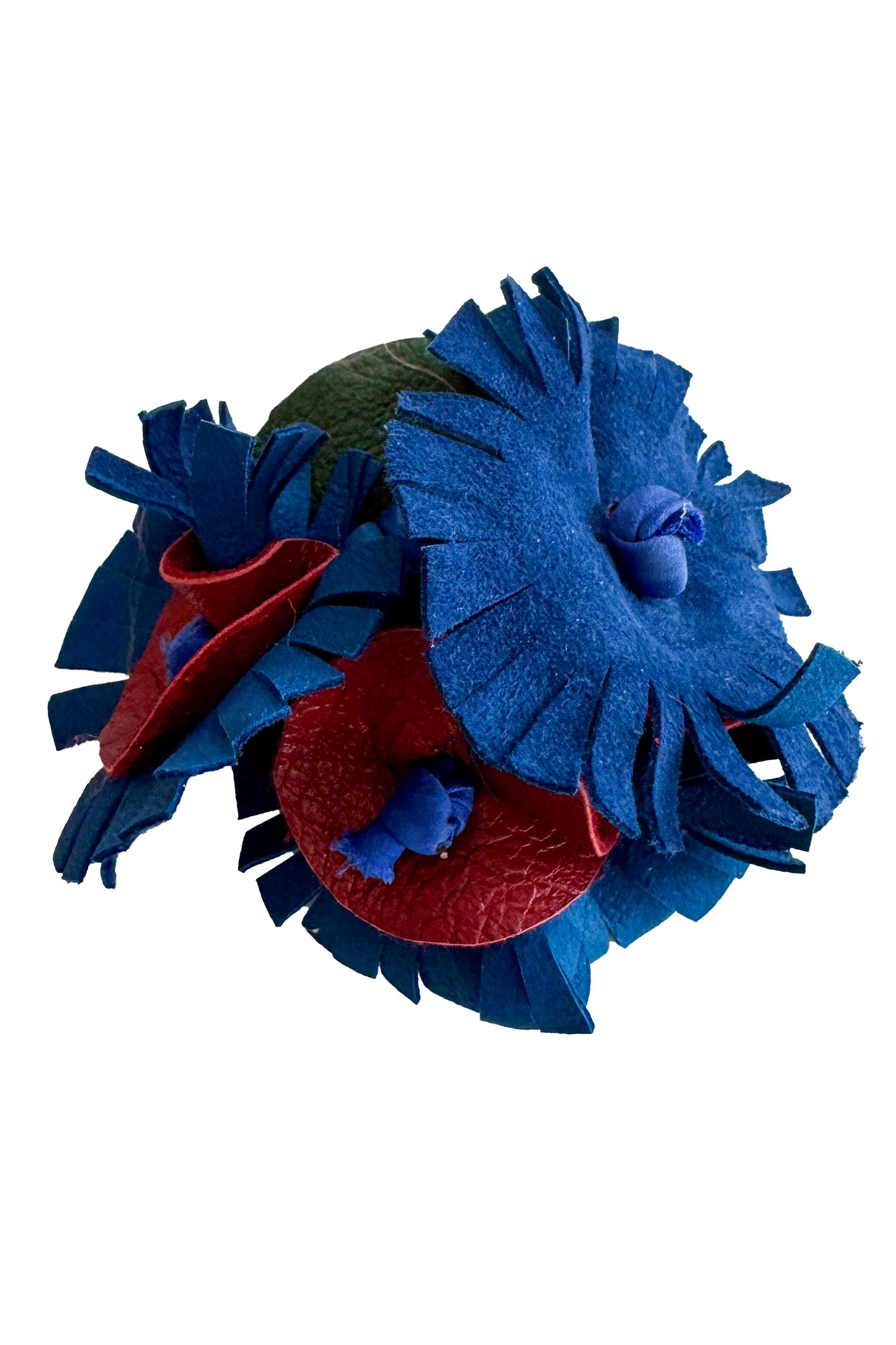 Leather Flower Magnetic Brooch - Blue & Red Fringe