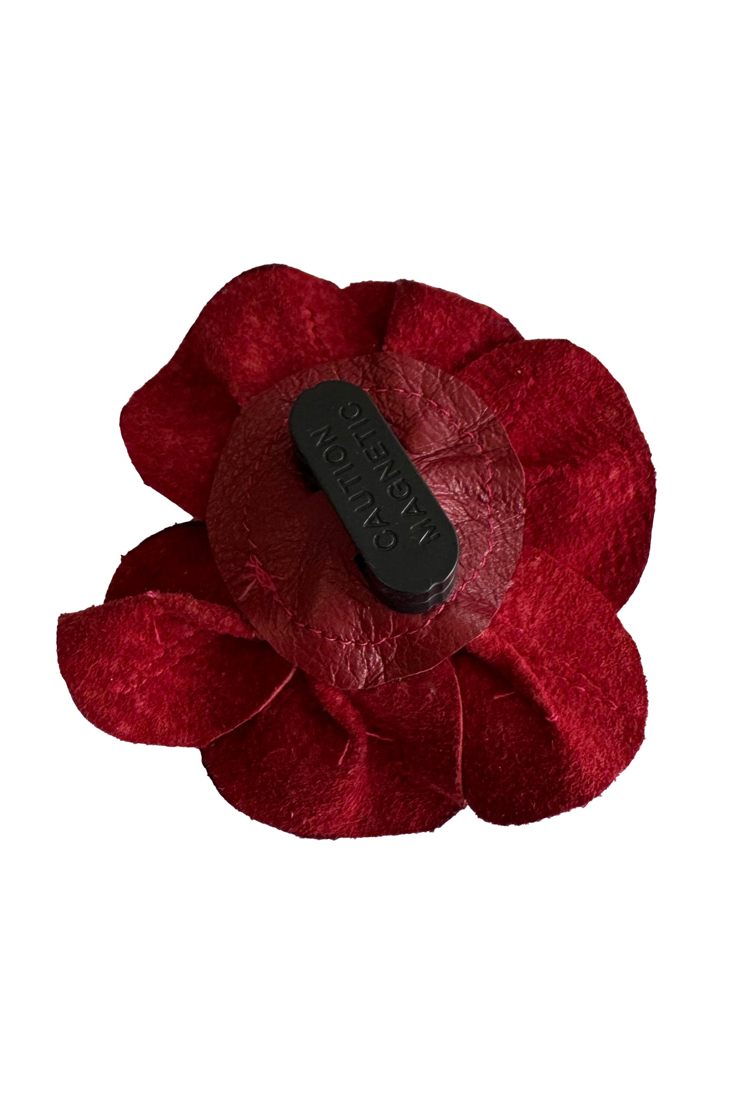 Leather Flower Magnetic Brooch - Red Camellia Pink Foil Accent