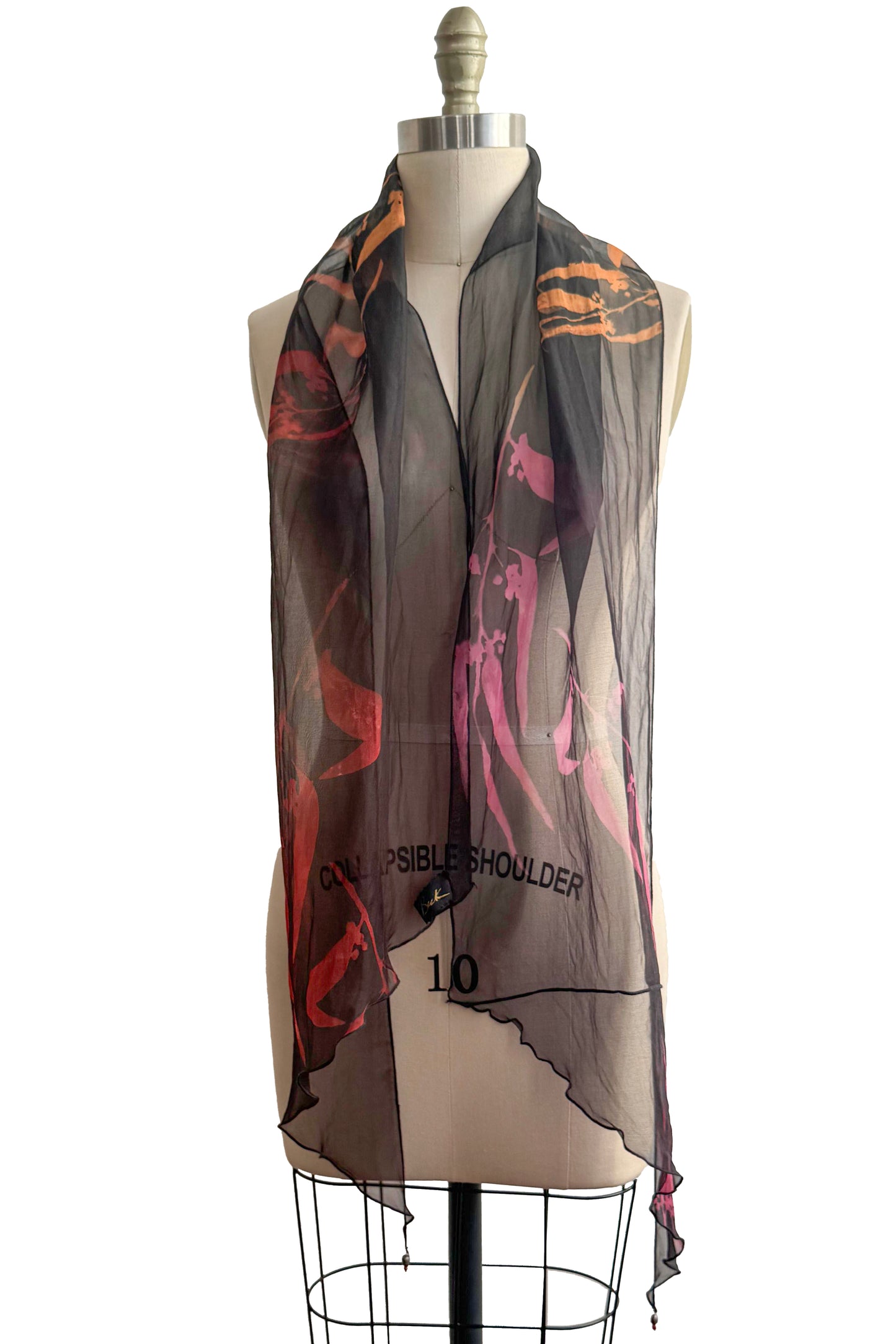 Silk Organza Scarf - Eucalyptus Print | Black, Pink & Red