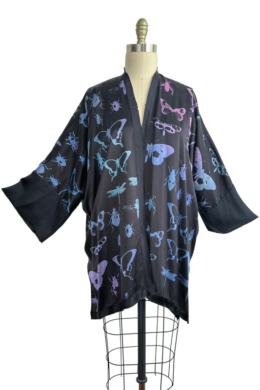 Lucianne Kimono - Silk Charmeuse Bug Print - Black, Pink & Purple