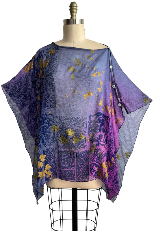 Button Drape Seersucker Silk - Tile & Vine Print - Purple & Blue