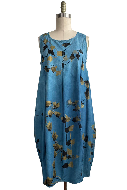 Plum Dress in Cotton - Vine Print - Indigo, Black & Gold - Medium