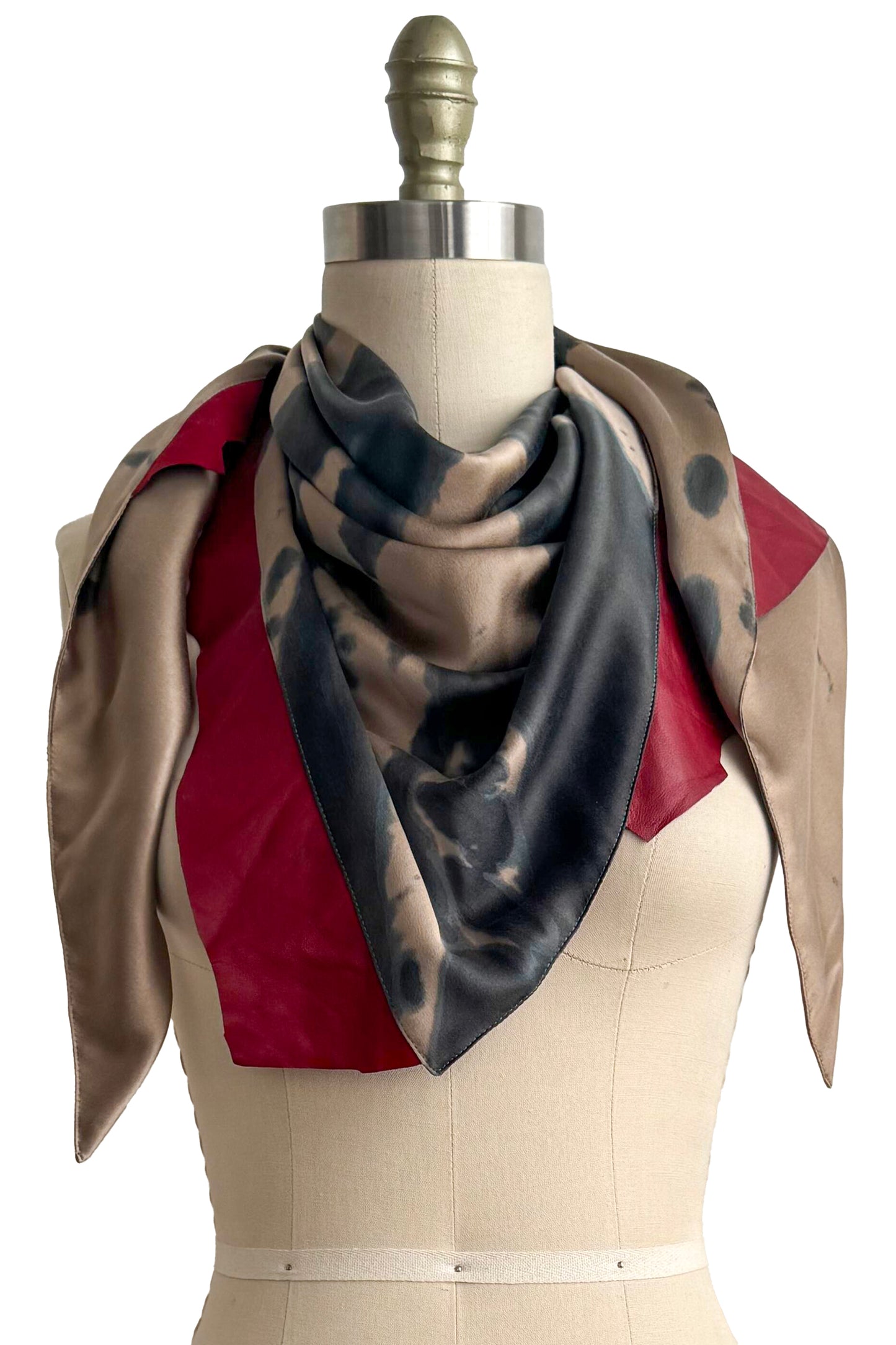Triangle Shawl in Silk with Leather Trim - Spray Dyed | Gold & Deep Red