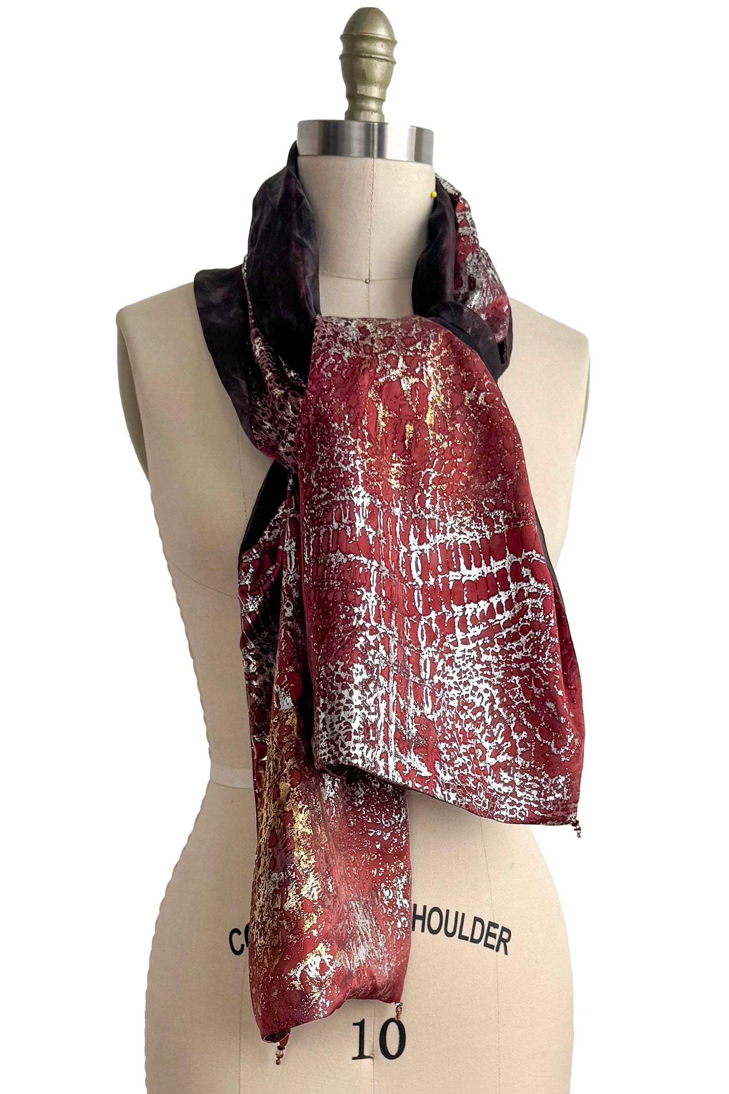 Layered Silk Organza & China Silk Shawl – Foil‑Printed Reptile Texture | Burgundy
