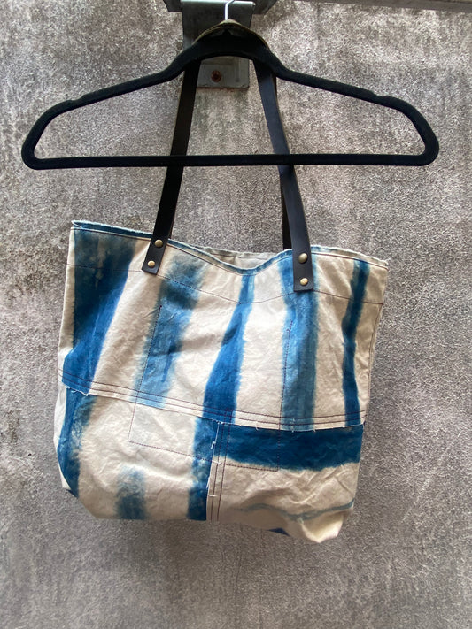 Tote w/ Black Leather Handle - Itajime Dye - Indigo