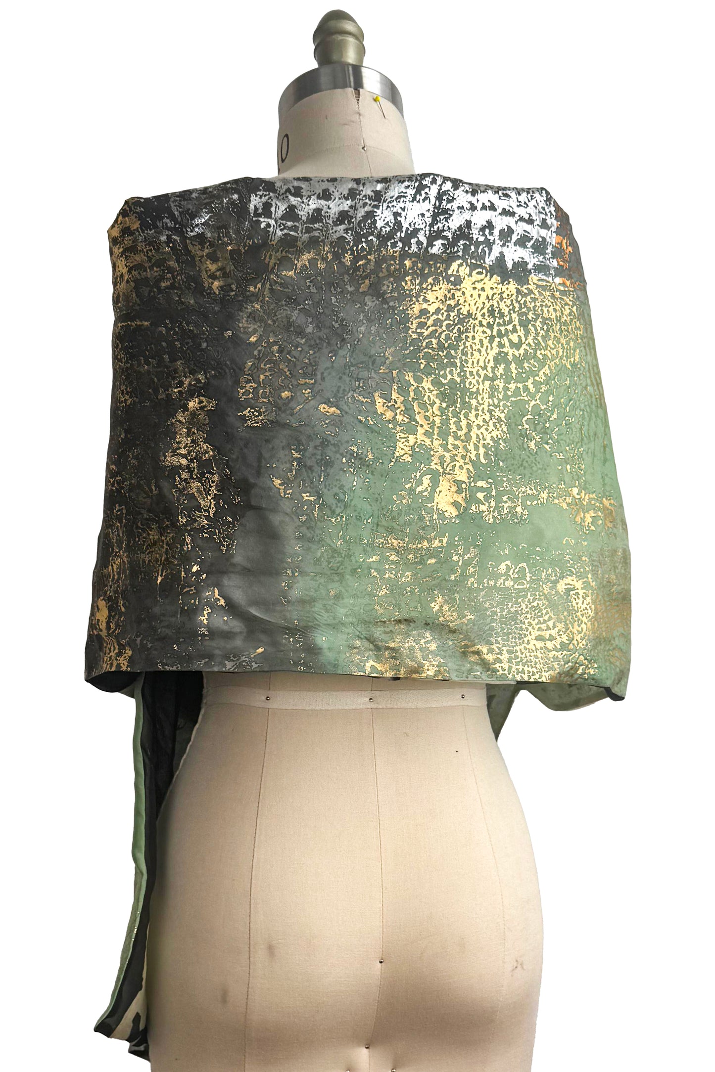 Layered Silk Organza & China Silk Shawl – Foil‑Printed Reptile Texture | Light Green
