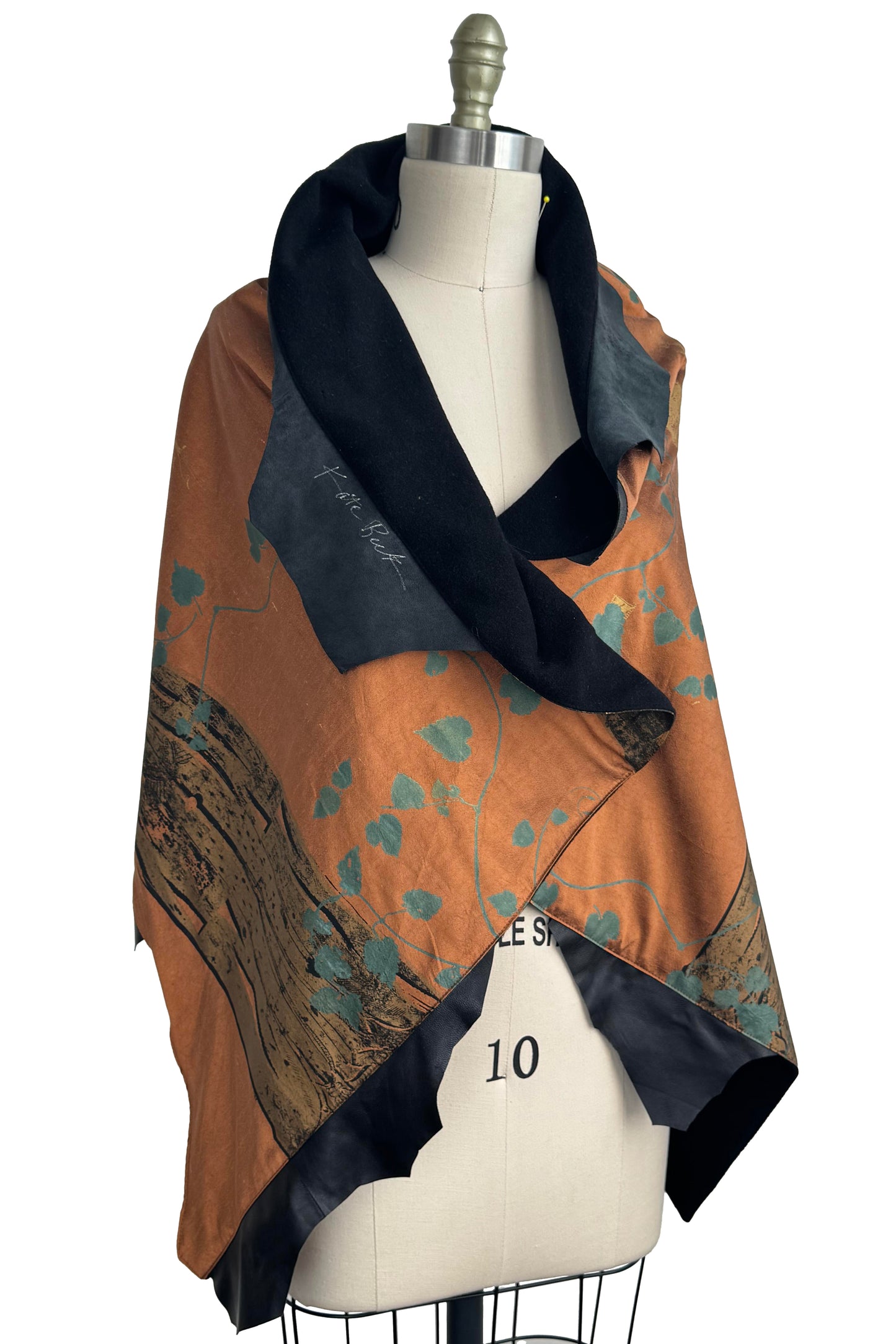 Opera Cape in Silk Taffeta with Cashmere & Leather - Saint & Vine Print | Orange