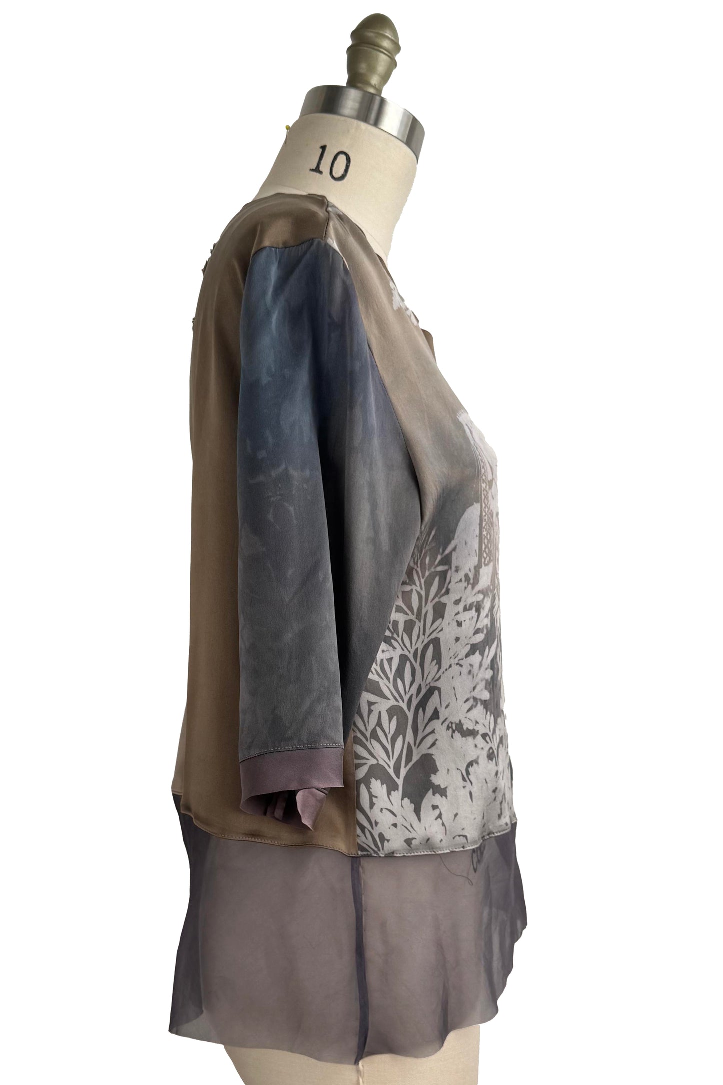 Marais Top | Stretch Silk & Silk Organza | Saints & Fern Print | Taupe & Grey | Medium