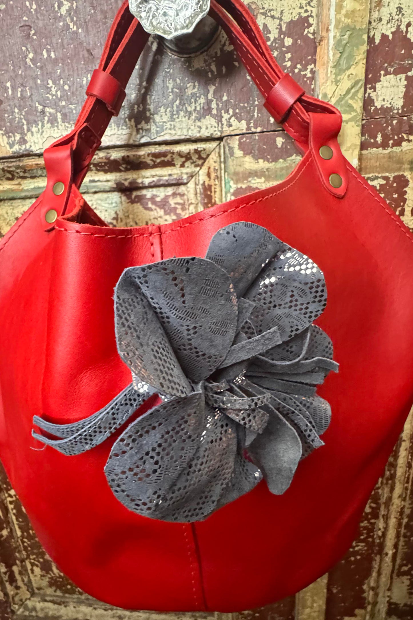 Magnetic Floral Brooch | Camellia | Leather | Charcoal Grey & Silver