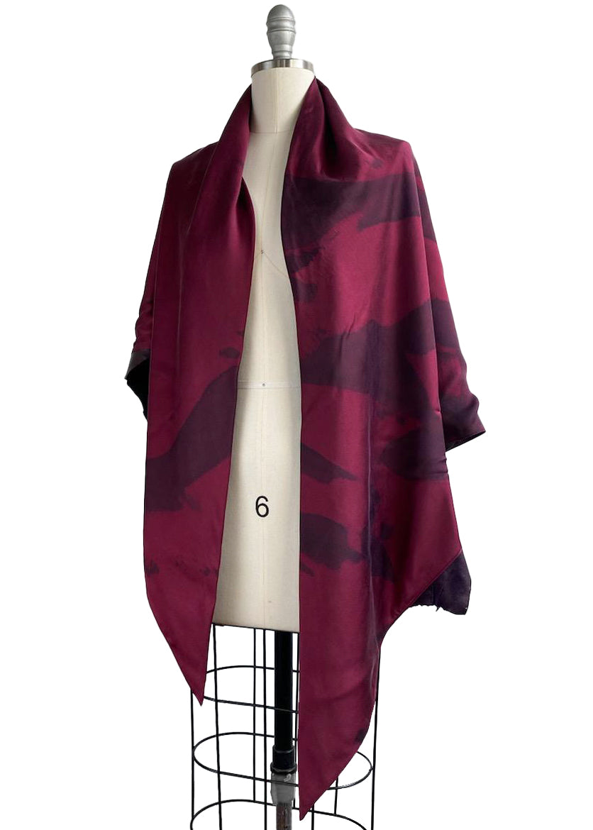 Triangle Shawl w/ Leather Trim, Spray Dye - Red & Eggplant