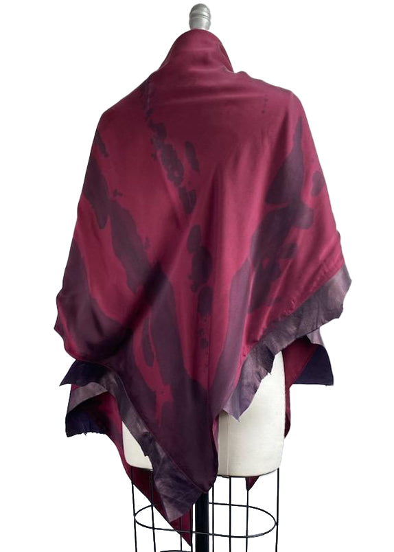 Triangle Shawl w/ Leather Trim, Spray Dye - Red & Eggplant