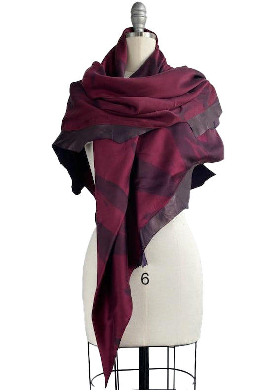 Triangle Shawl in Silk with Leather Trim - Spray Dyed | Deep Red & Eggplant