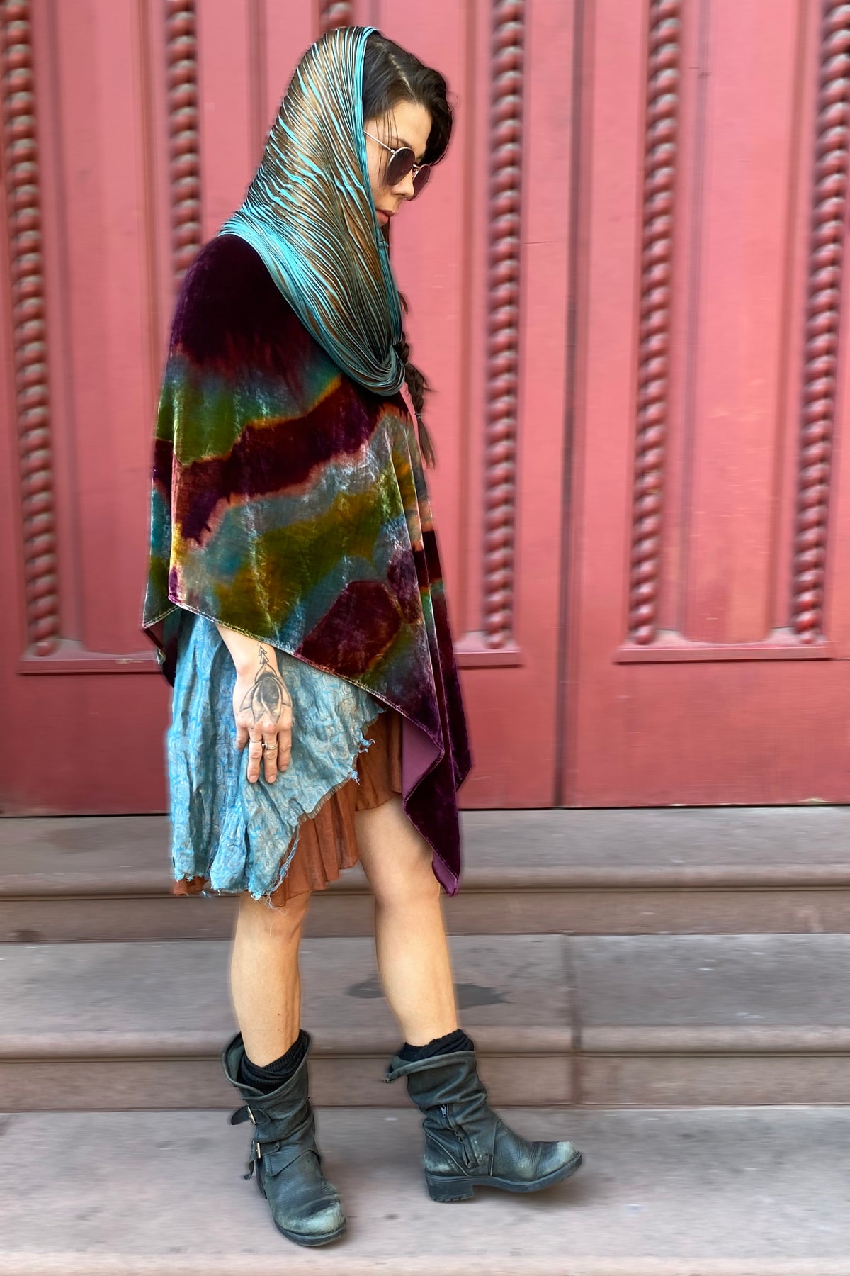 Asymmetrical Layover Poncho | Silk Velvet | River Dyed | Blue & Red Pinstripe