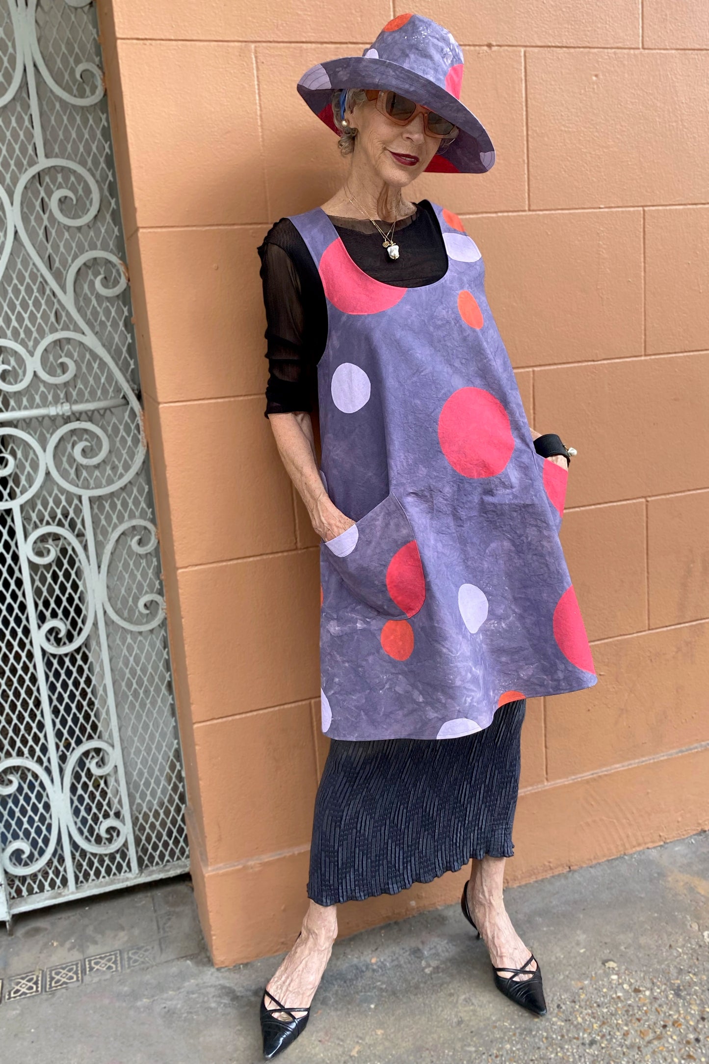 Apron Dress in Cotton | Chaos Print - White, Black & Berry