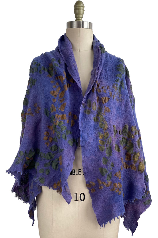 Felted Cashmere Shawl w/ Vine Print - Purple