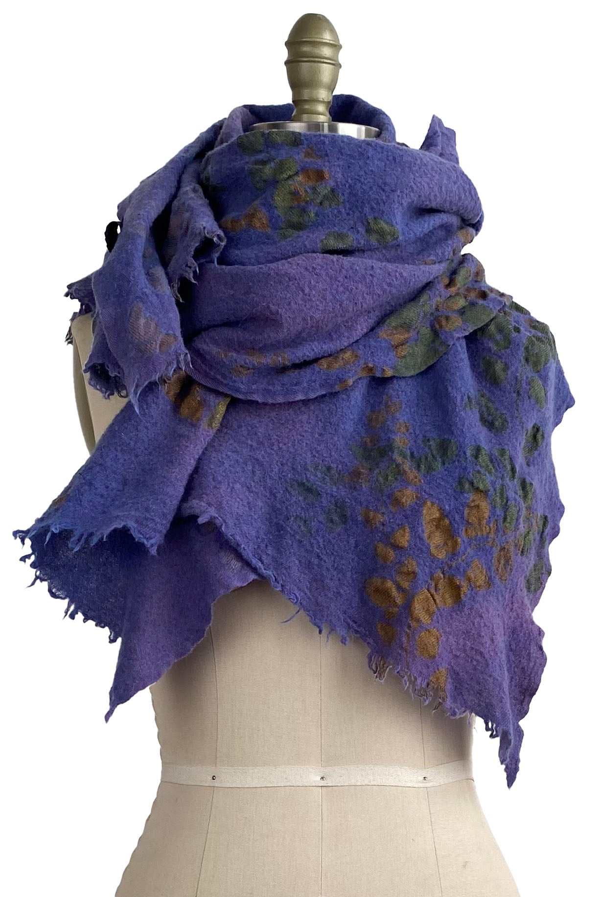 Felted Cashmere Shawl w/ Vine Print - Purple