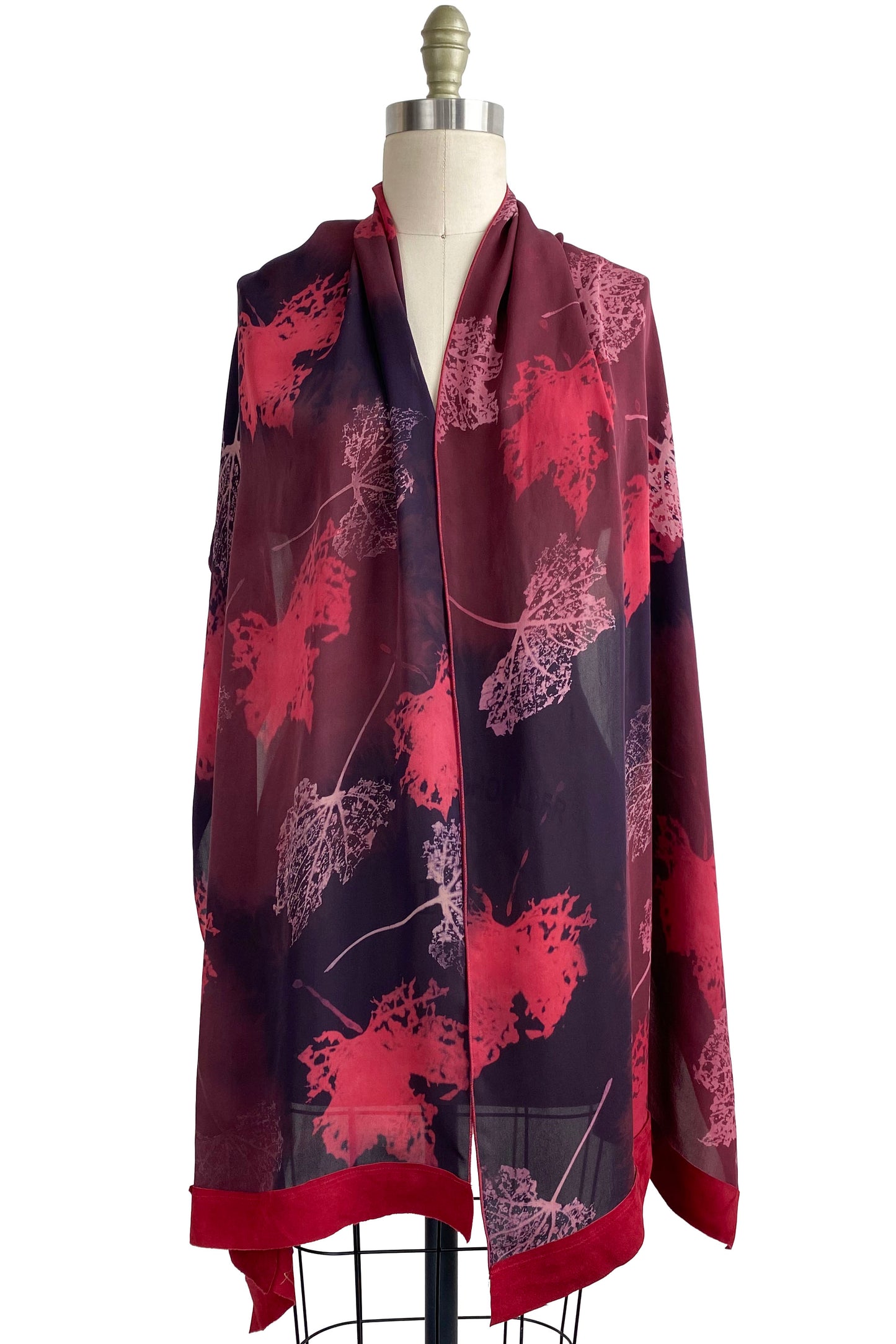 Chiffon Shawl w/ Leather Trim Leaf Print | Red & Purple