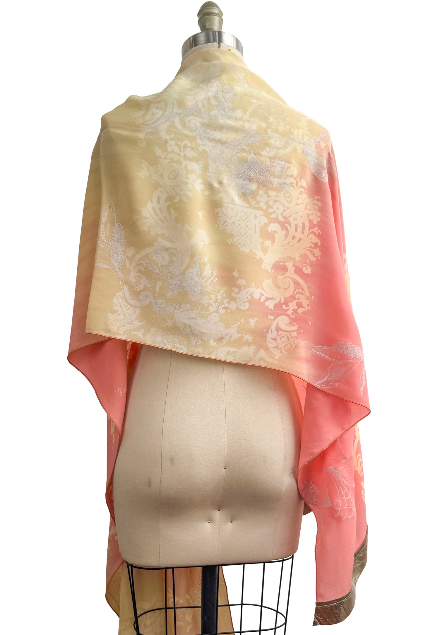 Shawl w/ Leather Trim | Silk Georgette | Wallpaper & Azalea Print | Peach & Cream