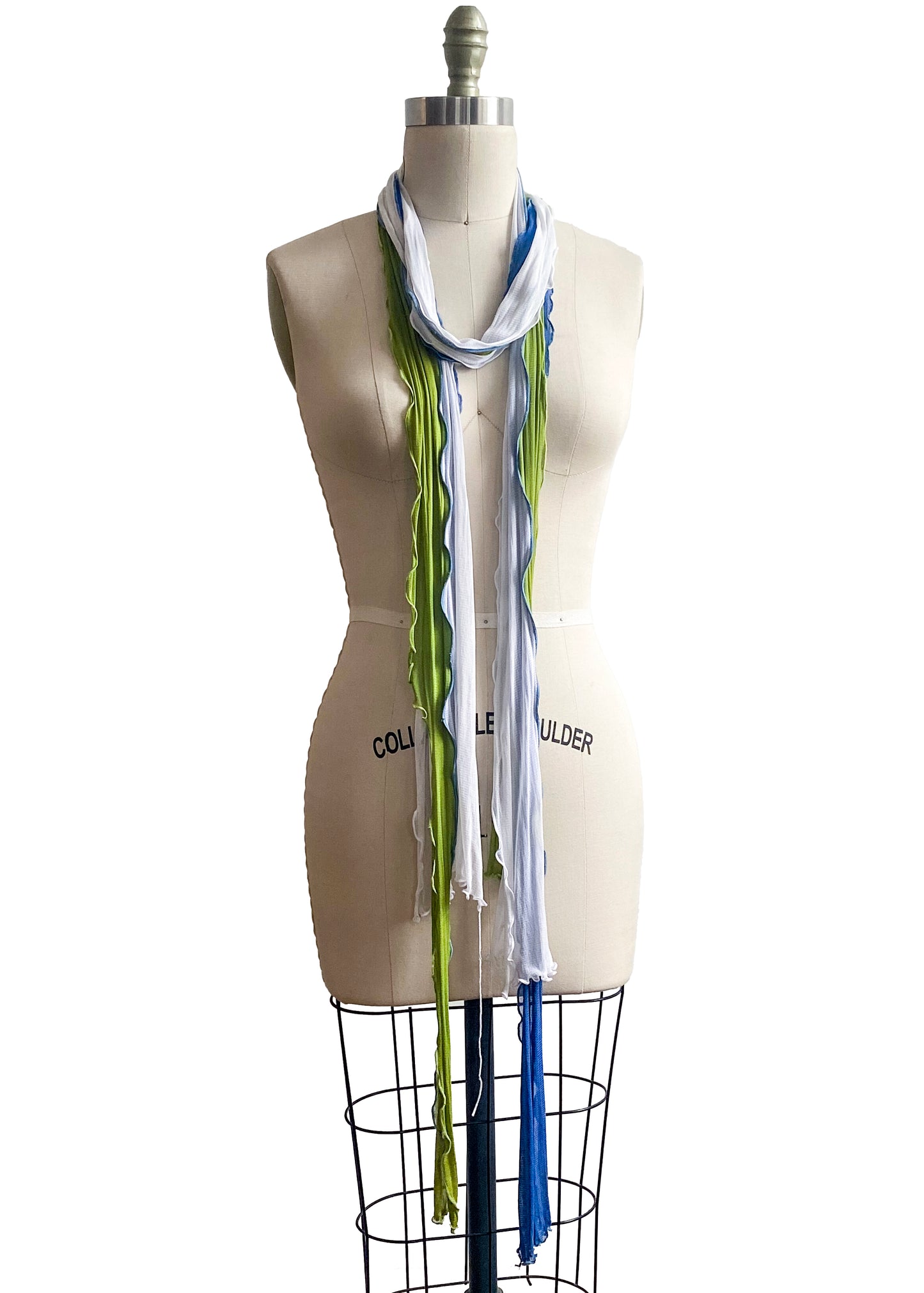 Silk Knit Color Contrast Scarf - Lime, Blue & White