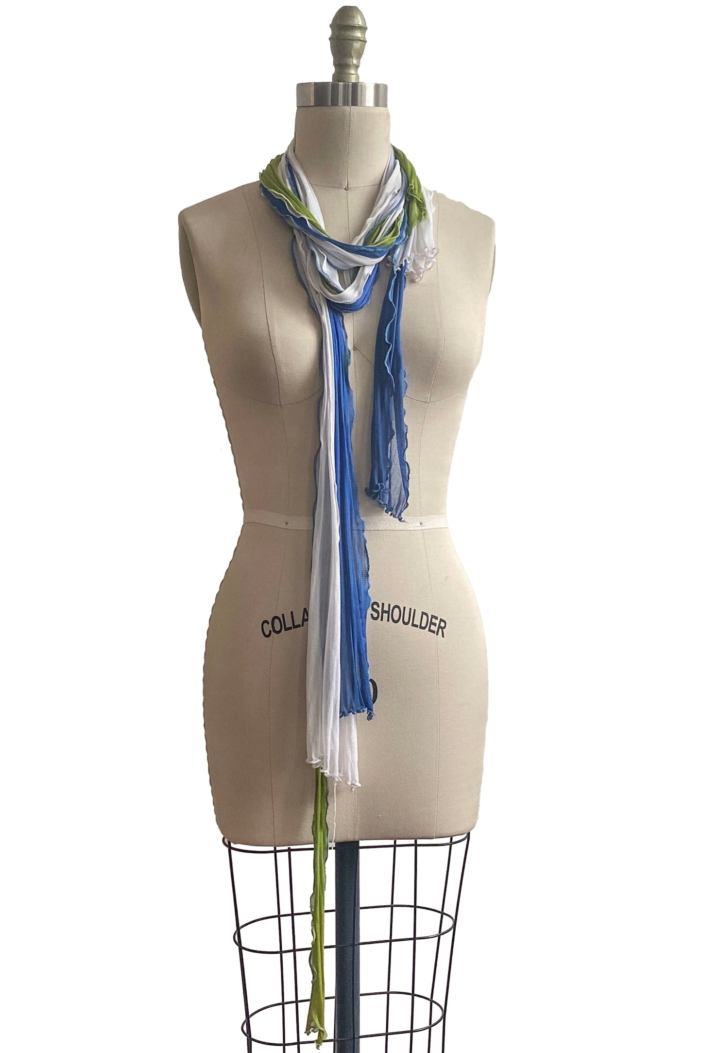 Silk Knit Color Contrast Scarf - Lime, Blue & White