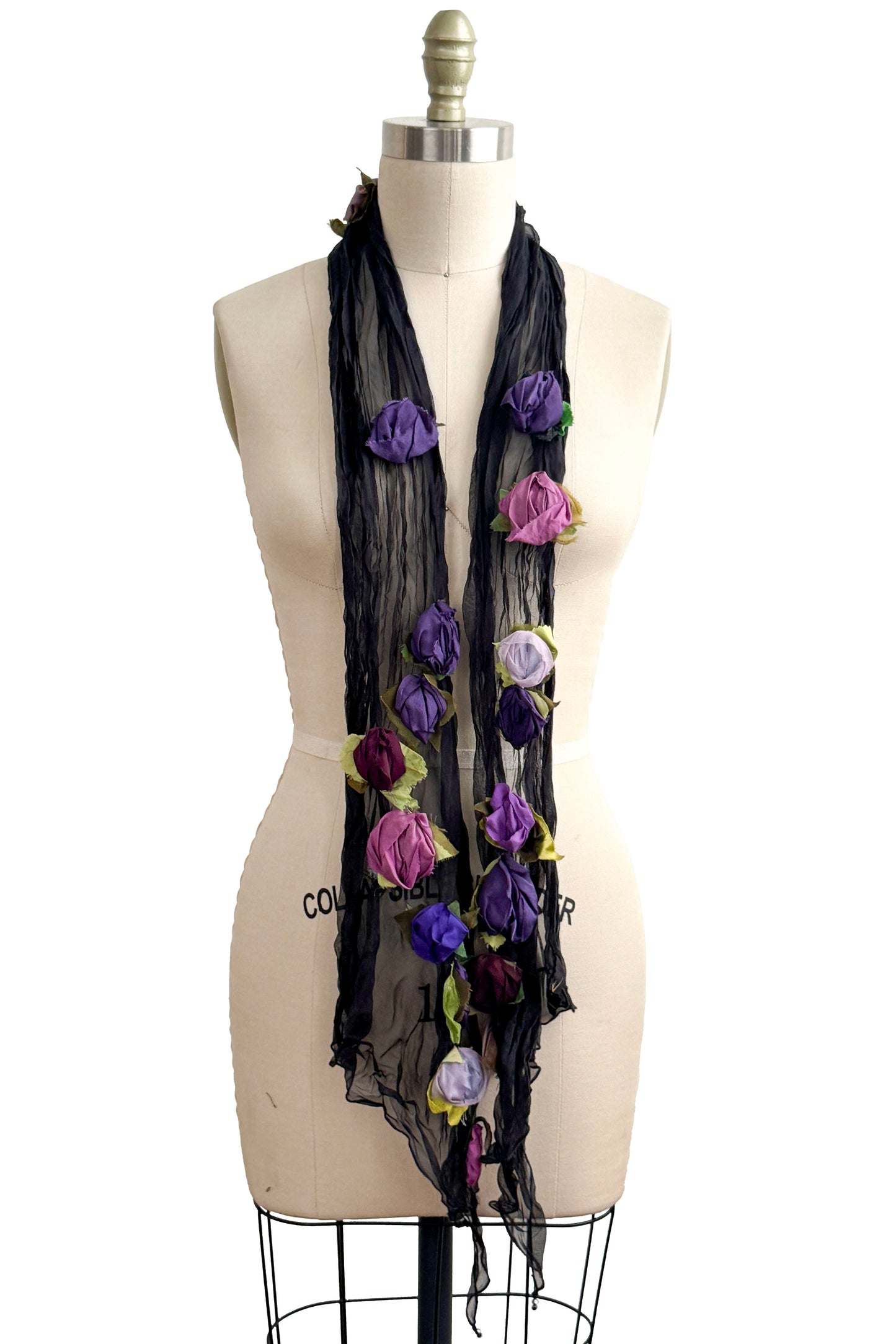 Organza Flower Scarf | Black w/ Purple, Eggplant, Violet, Lavender