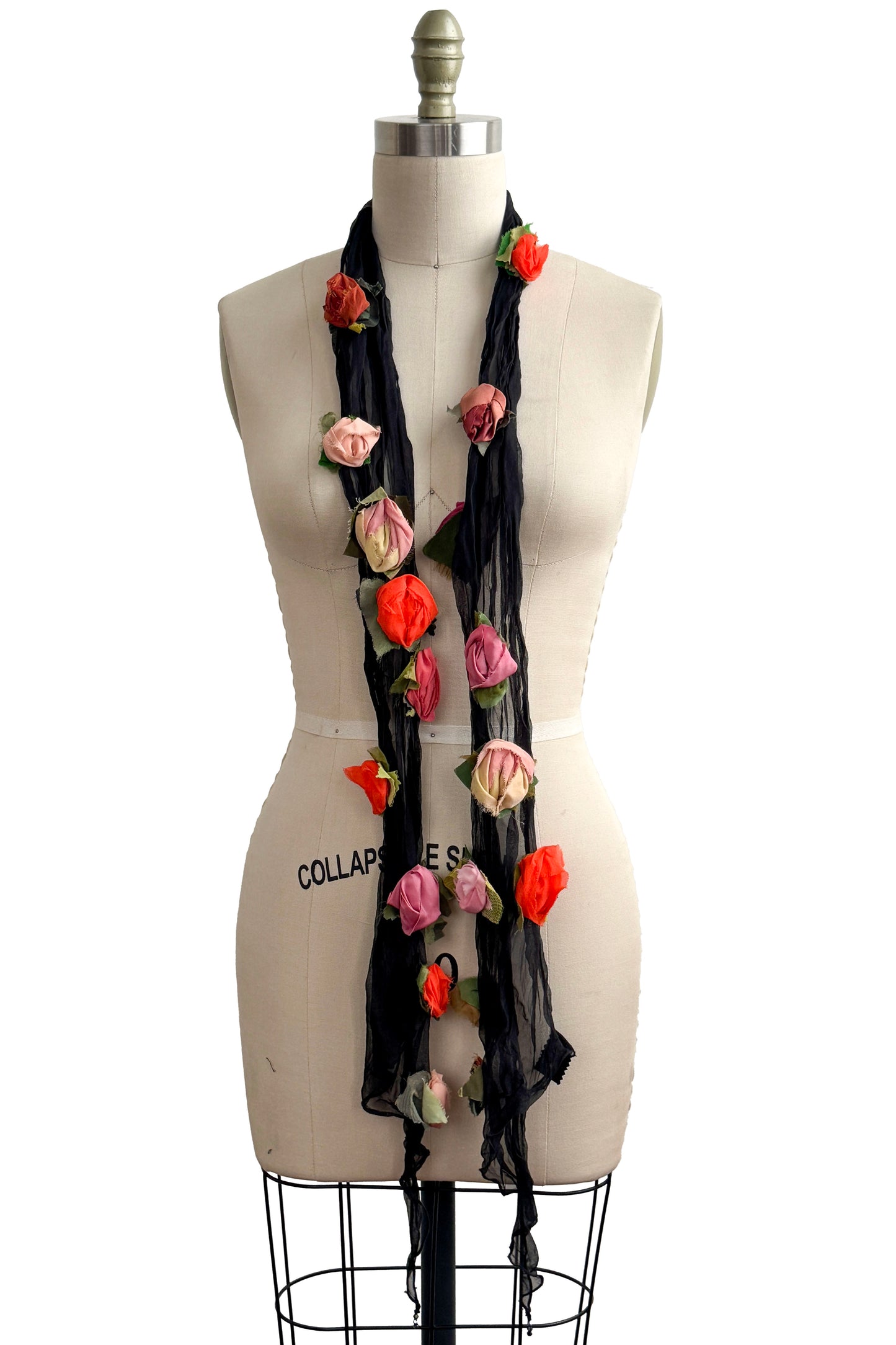 Organza Flower Scarf - Black w/ Orange, Yellow, Peach, Pink