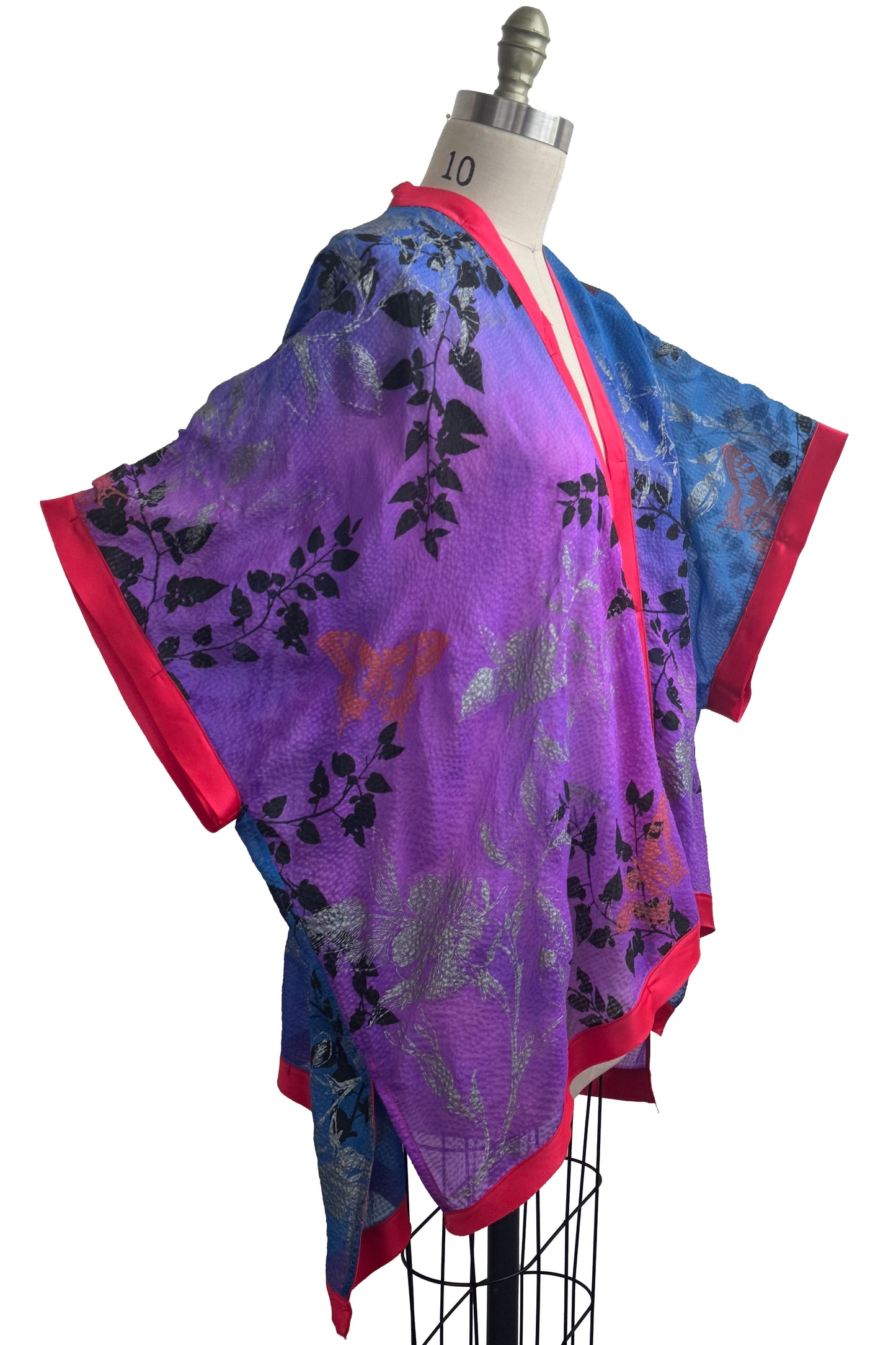 Lucianne Drape | Seersucker Silk | Vine & Camelia Print | Pink, Purple, Silver & Blue