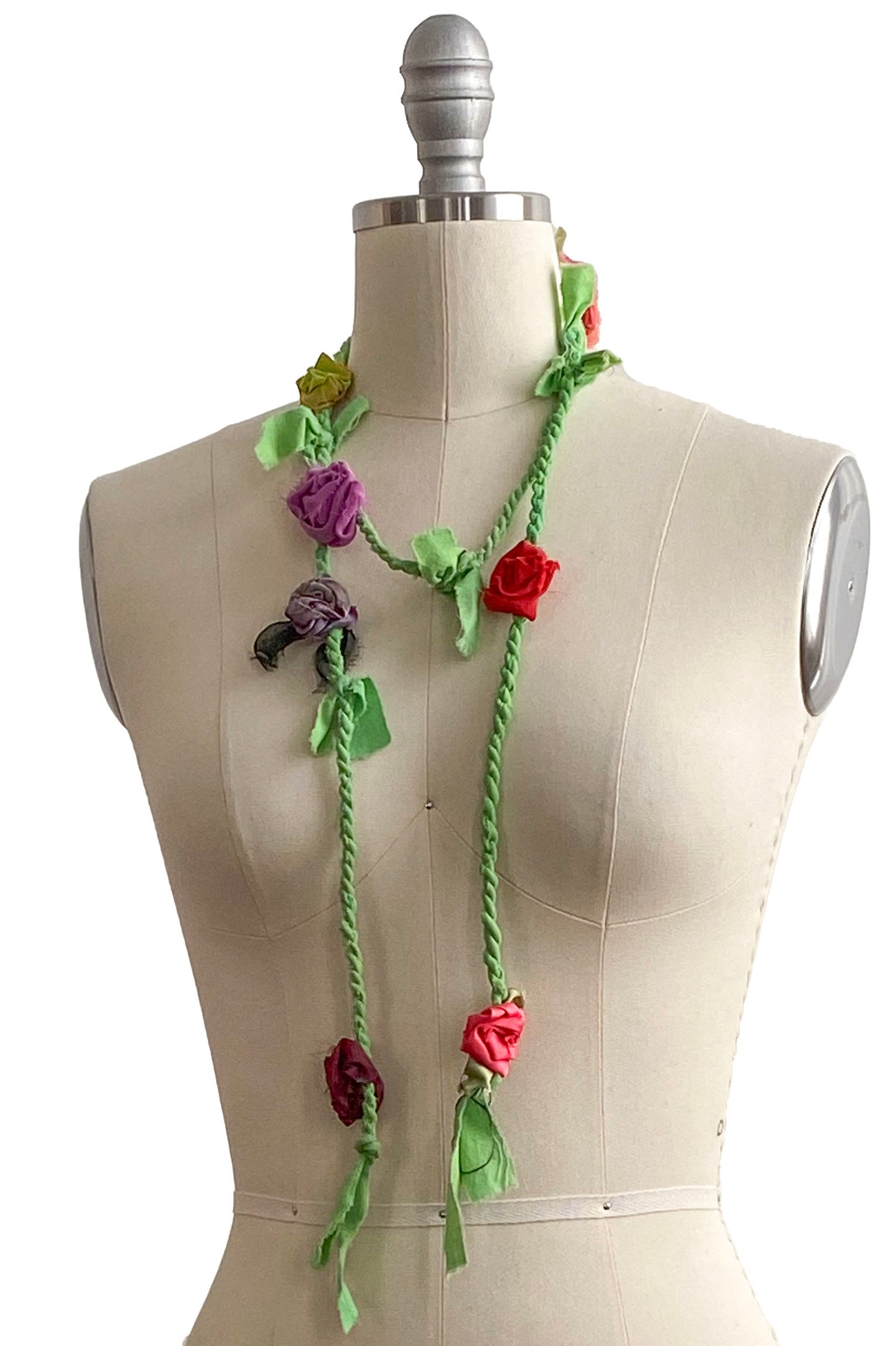 Hand Twisted Rope Lariat w/ Flowers - Red, Purple, Pink, Green