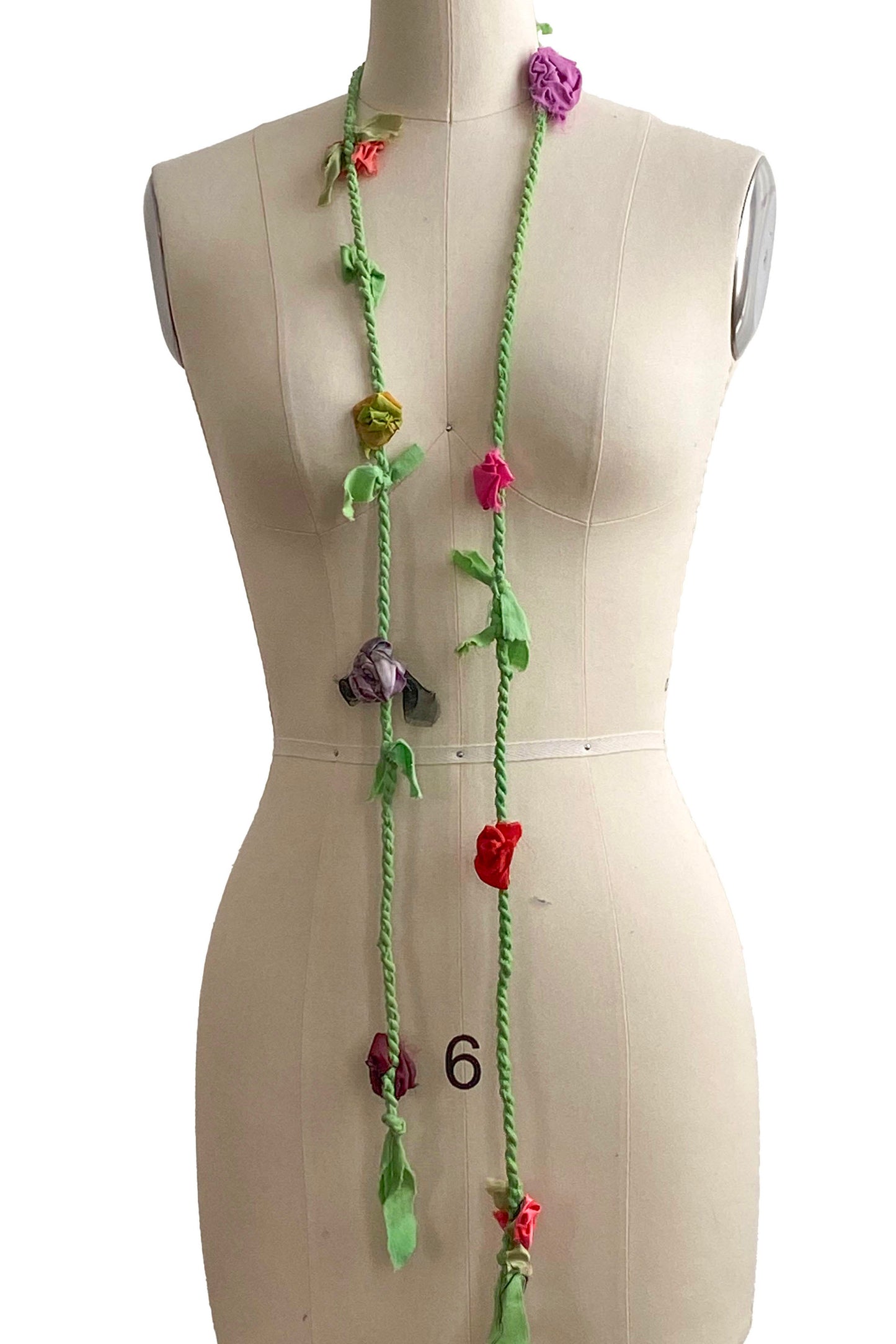 Hand Twisted Rope Lariat w/ Flowers - Red, Purple, Pink, Green