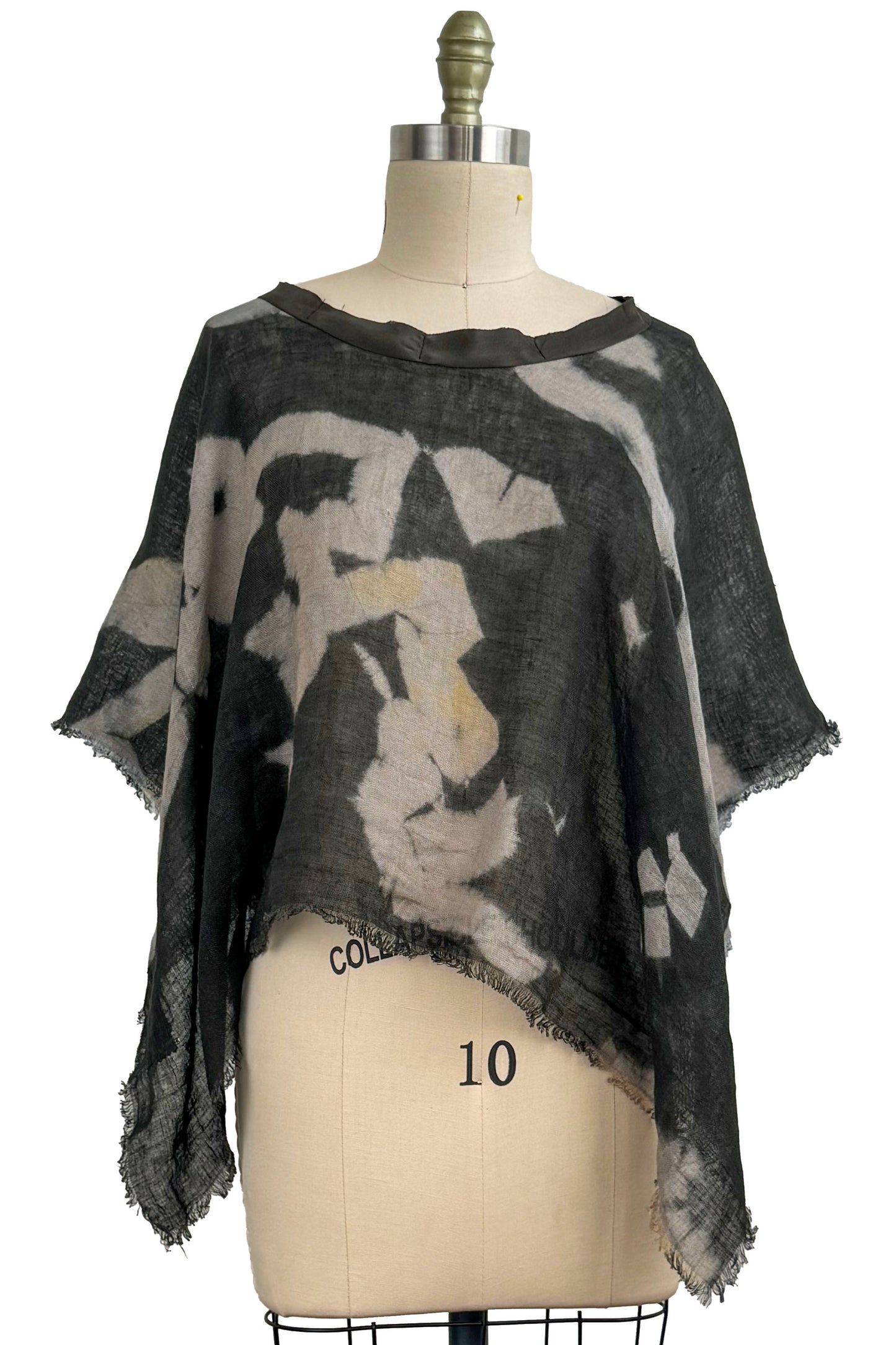 Open Weave Linen Poncho w/ Itajime Dye - Black & Grey